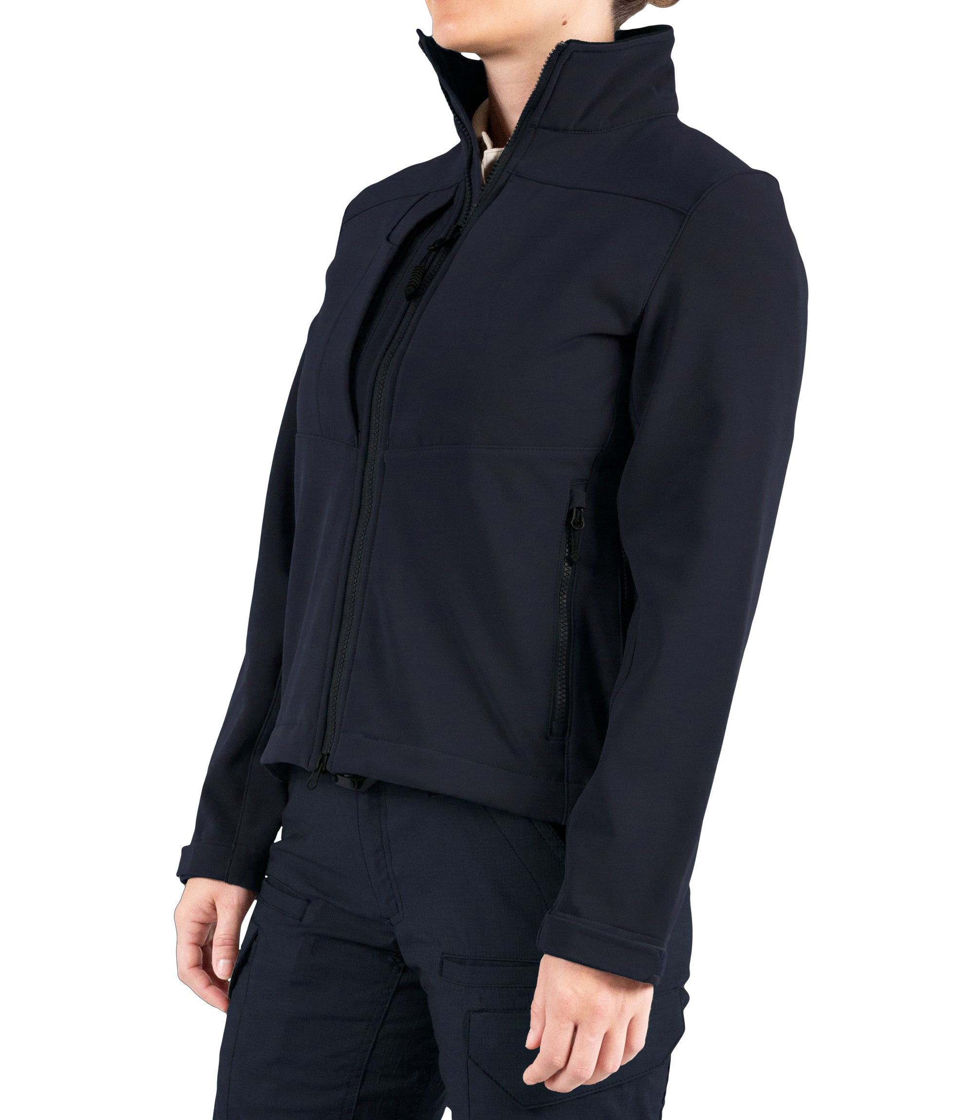 Left front side view of Women’s Tactix Softshell Jacket in Midnight Navy|color_midnight navy