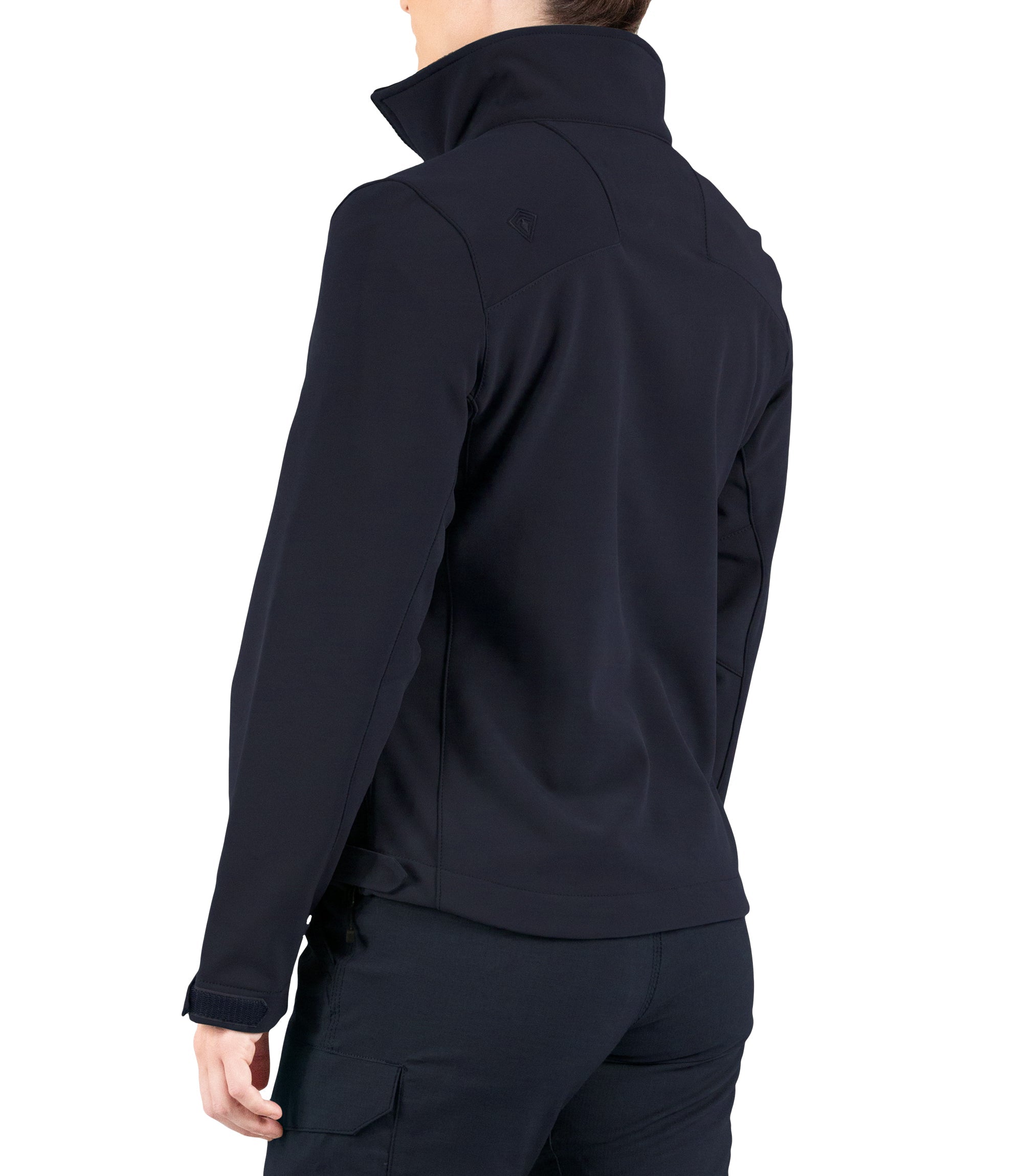 Left back side of Women’s Tactix Softshell Jacket in Midnight Navy|color_midnight navy