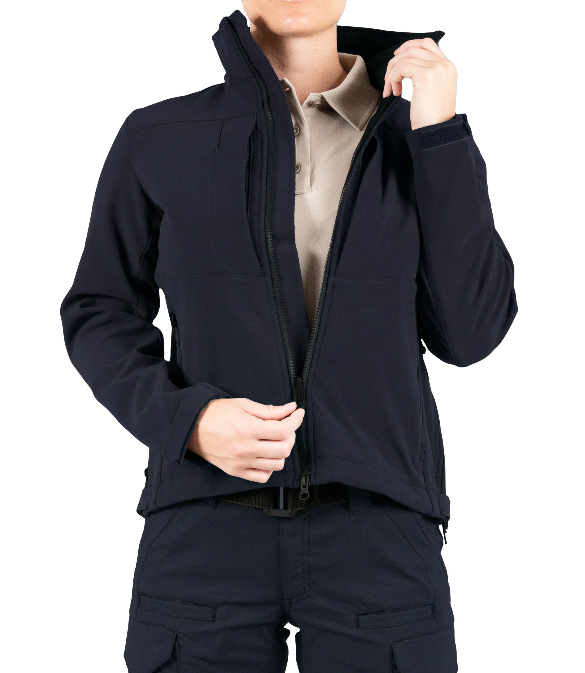 Front of Women’s Tactix Softshell Jacket in Midnight Navy Unzipped|color_midnight navy