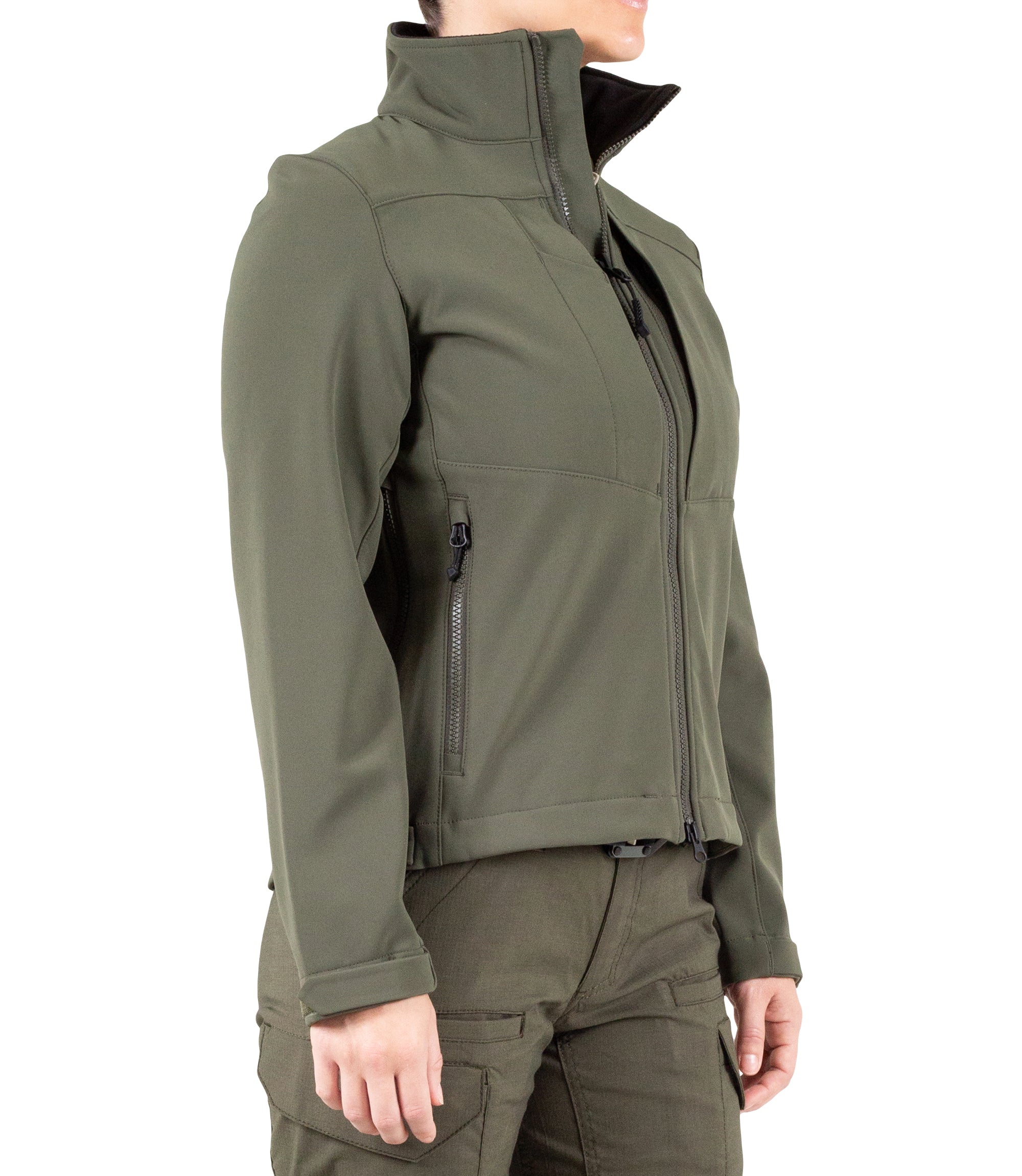 Right front side view of Women’s Tactix Softshell Jacket in OD Green|color_od green