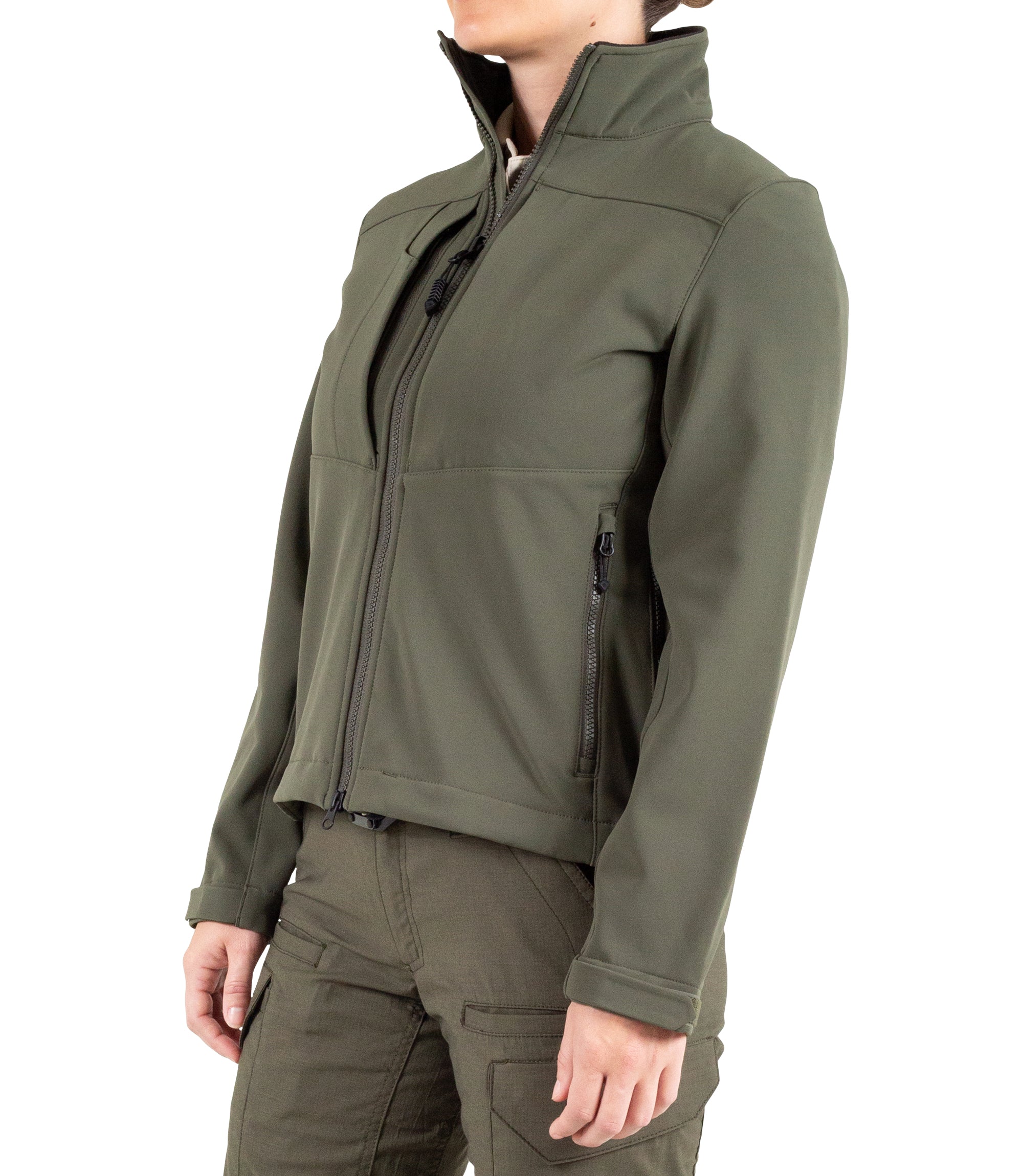 Left front side view of Women’s Tactix Softshell Jacket in OD Green|color_od green