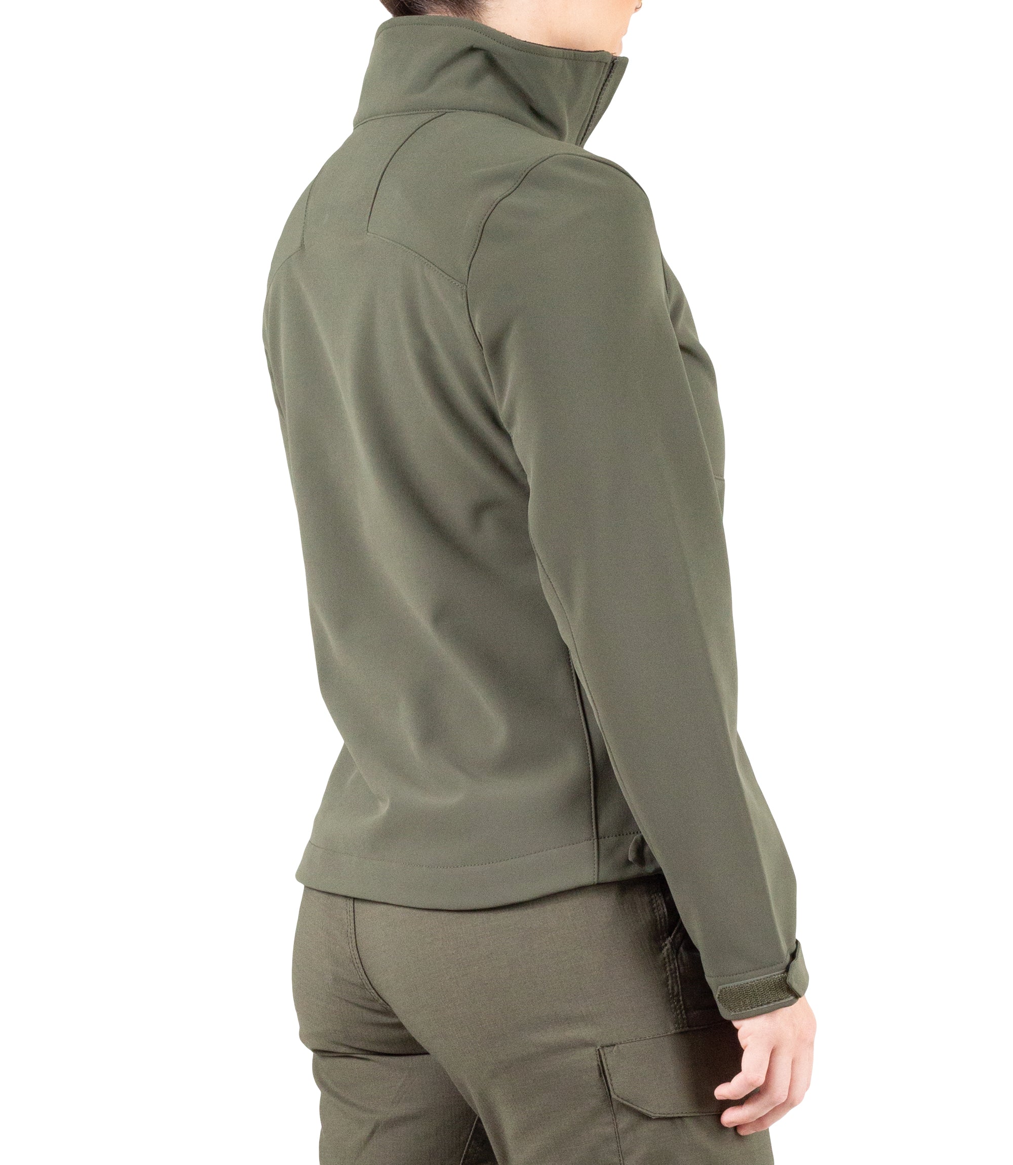 Right back side view of Women’s Tactix Softshell Jacket in OD Green|color_od green