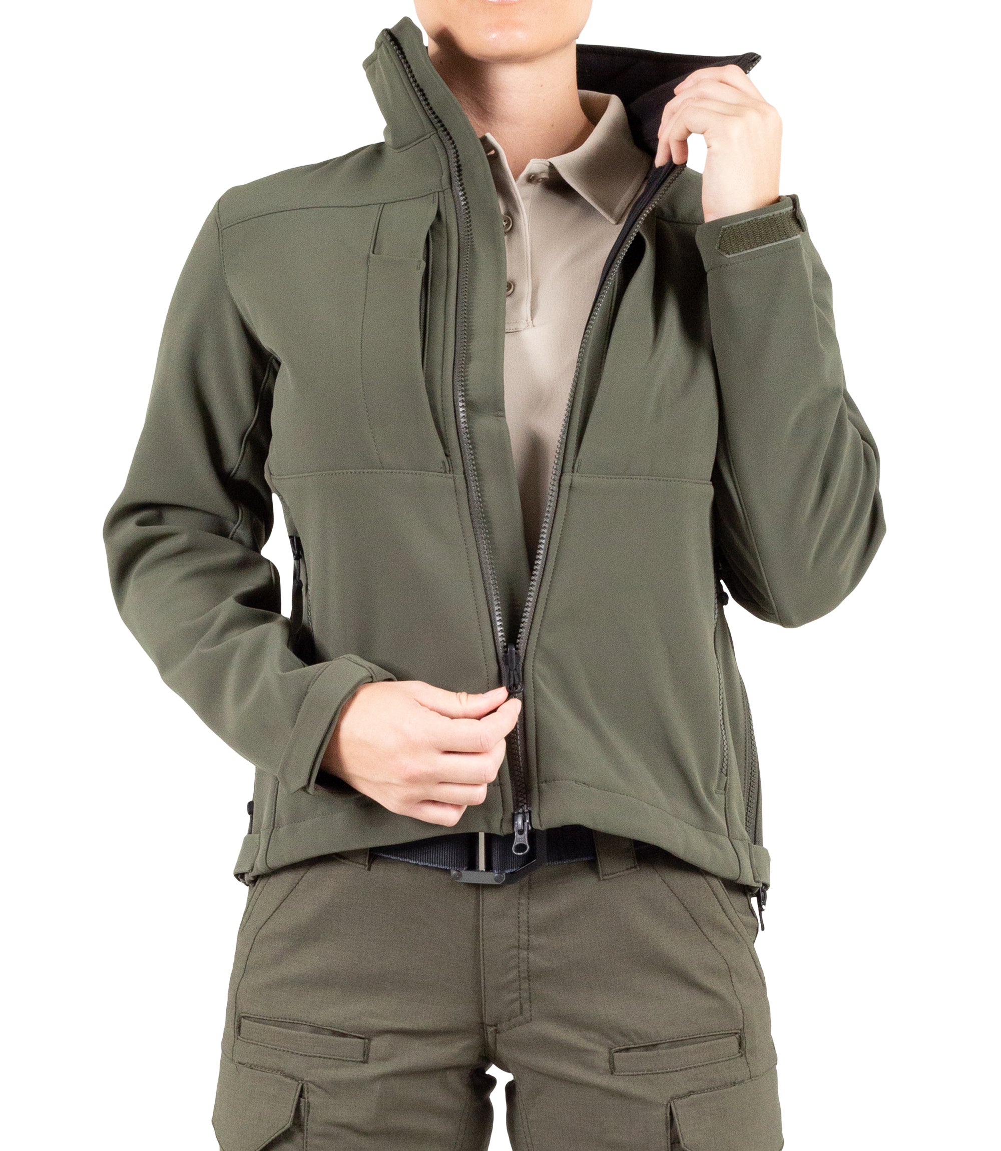 Front of Women’s Tactix Softshell Jacket in OD Green Unzipped|color_od green
