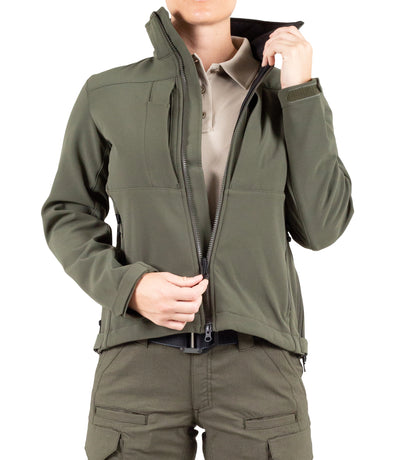 Front of Women’s Tactix Softshell Short Jacket in OD Green Unzipped
