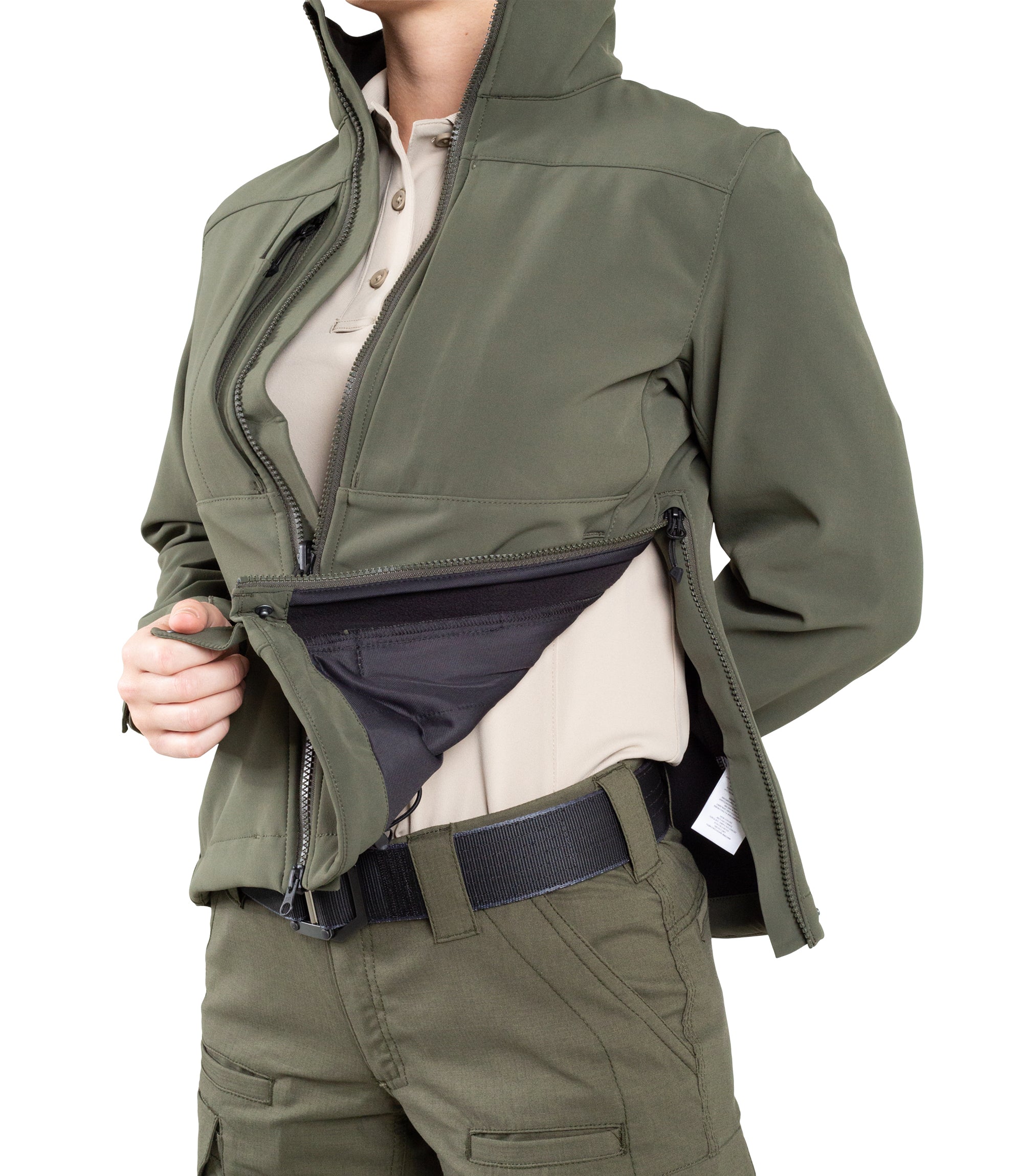 Side Zipper of Women’s Tactix Softshell Jacket in OD Green|color_od green