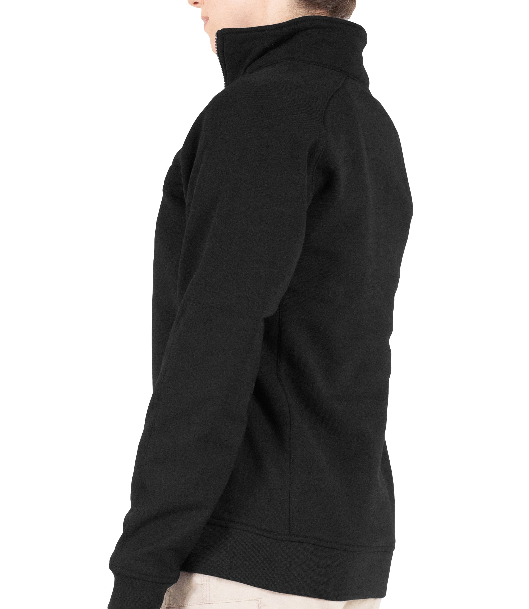 Side of Women’s Cotton Job Shirt Quarter Zip in Black|color_black