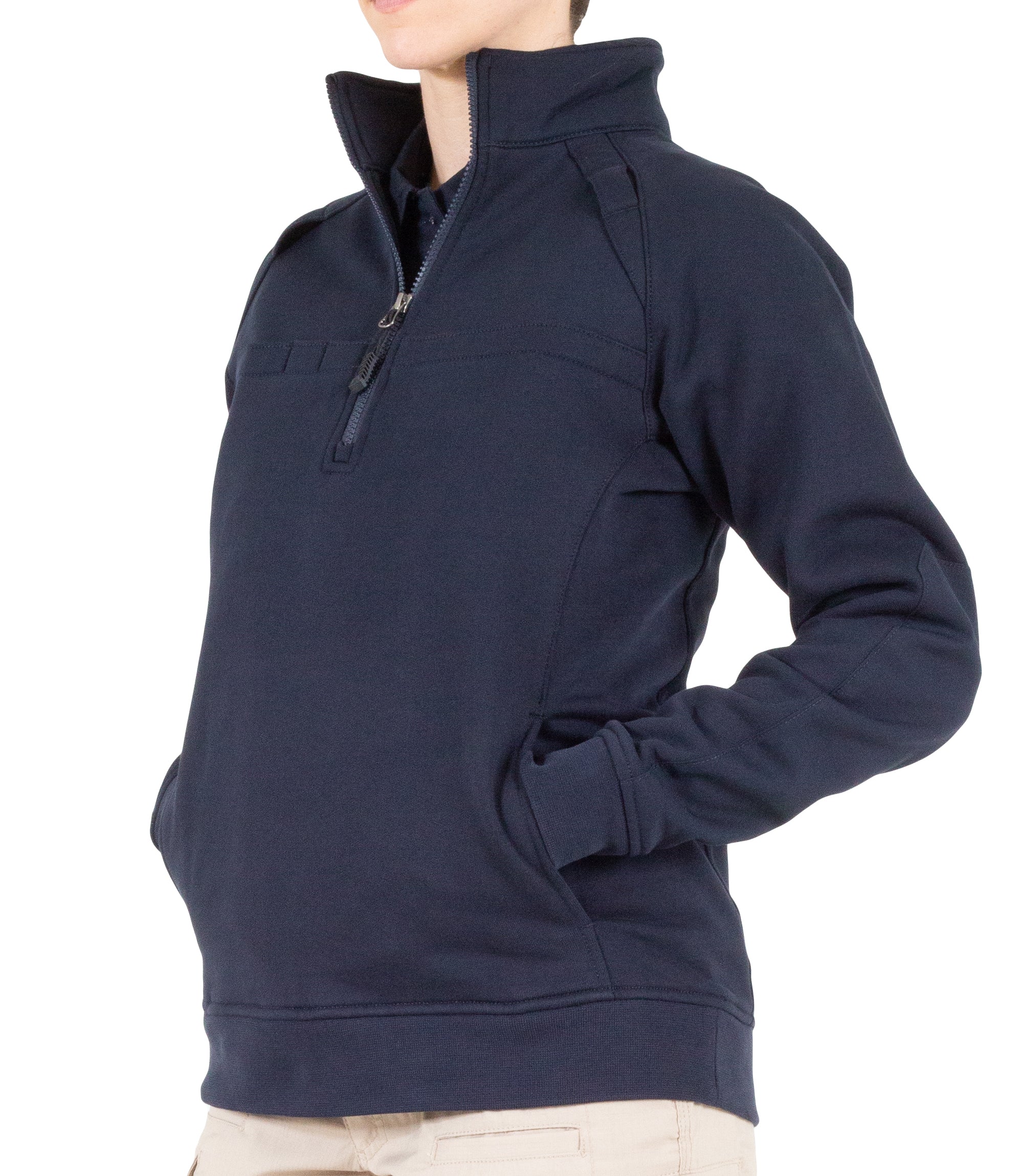 Side of Women’s Cotton Job Shirt Quarter Zip in Midnight Navy|color_midnight navy