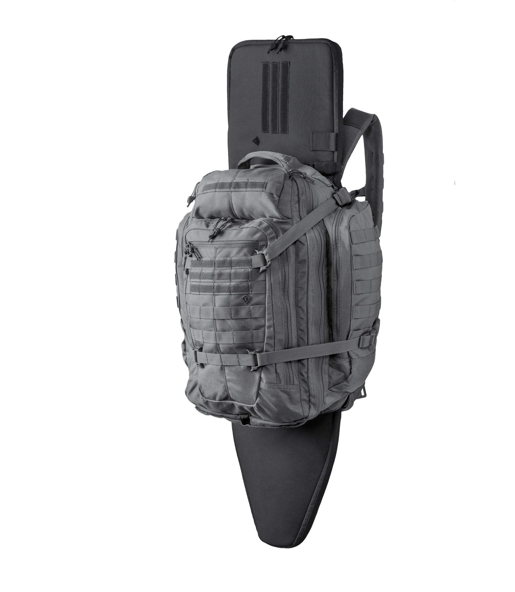 Front of Specialist 3-Day Backpack 56L in Wolf Grey with Rifle Sleeve |color_wolf grey