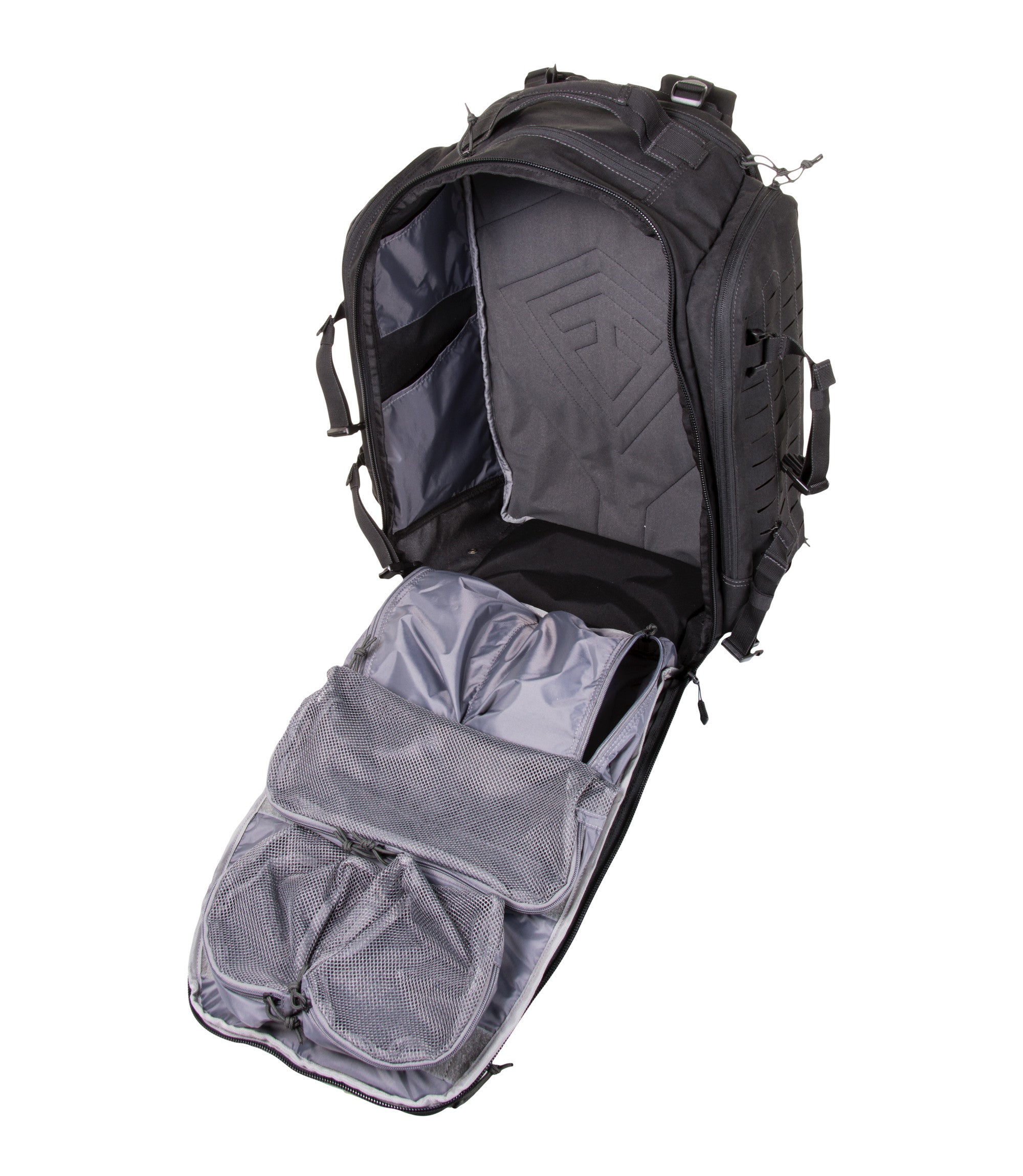 Unzipped Front of Tactix 3-Day Plus Backpack 62L in Black |color_black
