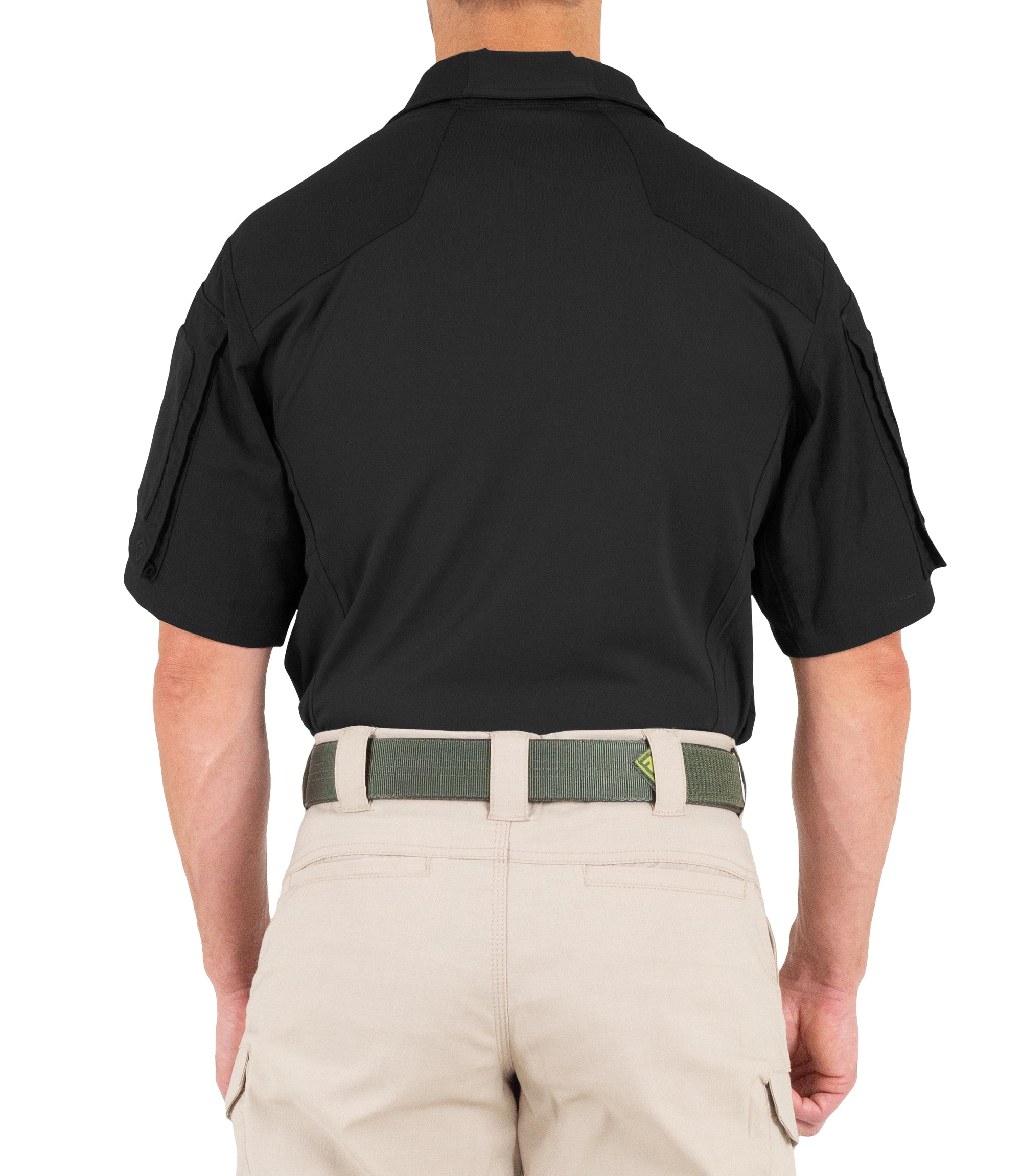 Back of Men's Defender Short Sleeve Shirt in Black |color_black