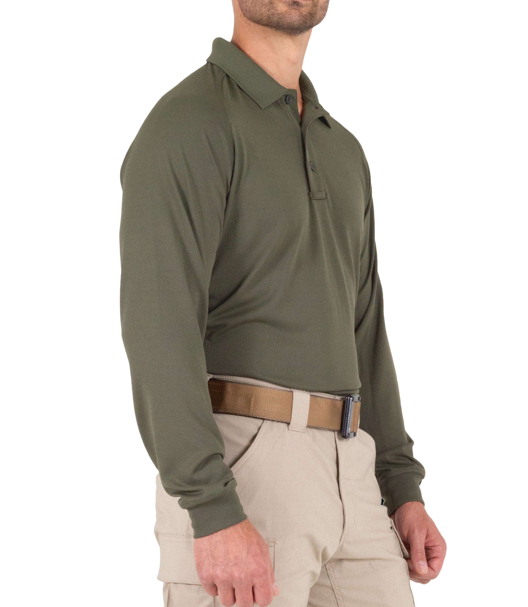 Side of Men's Performance Long Sleeve Polo in OD Green |color_od green