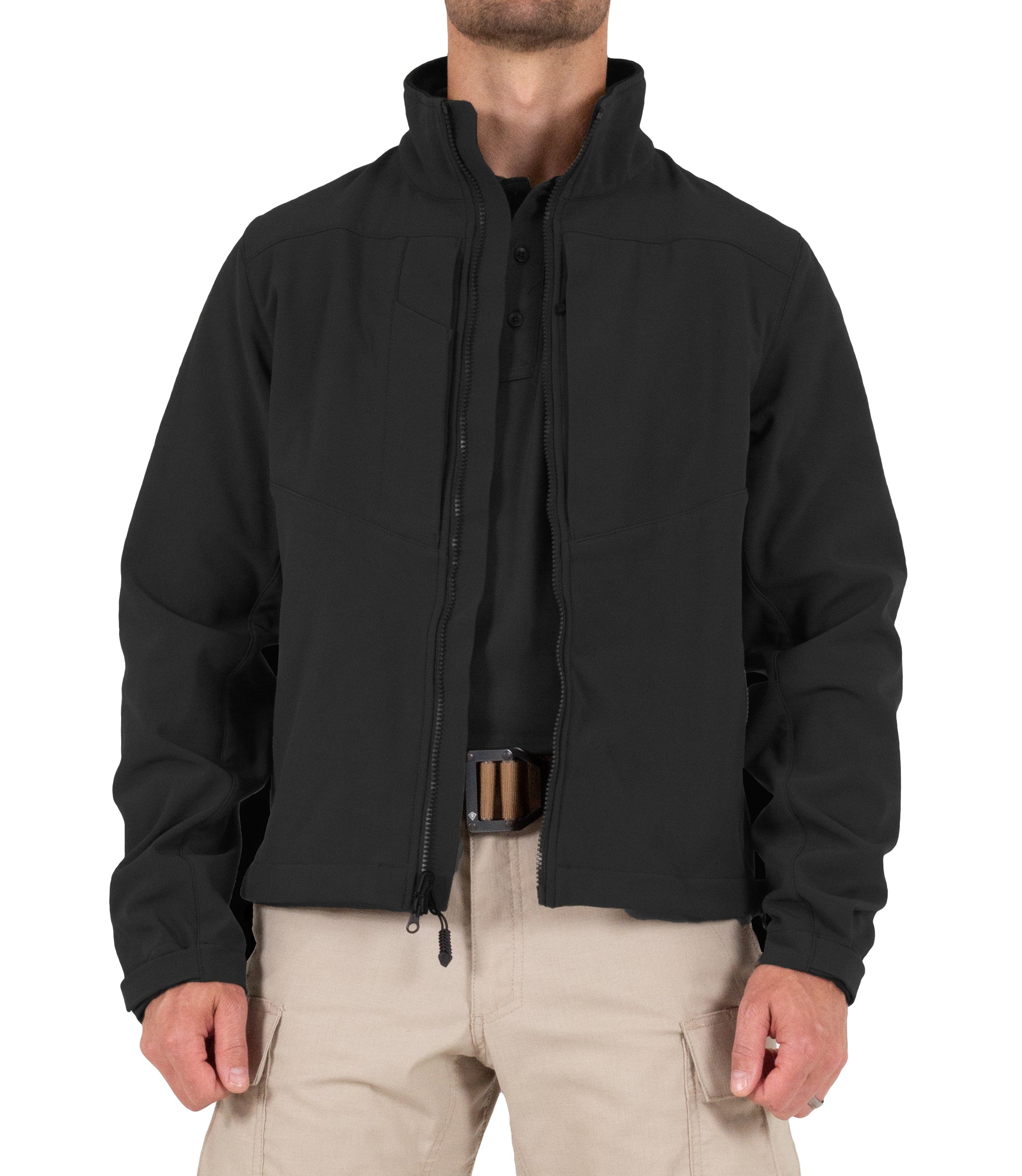 Front of Men's Tactix Softshell Jacket in Black Unzipped  |color_black