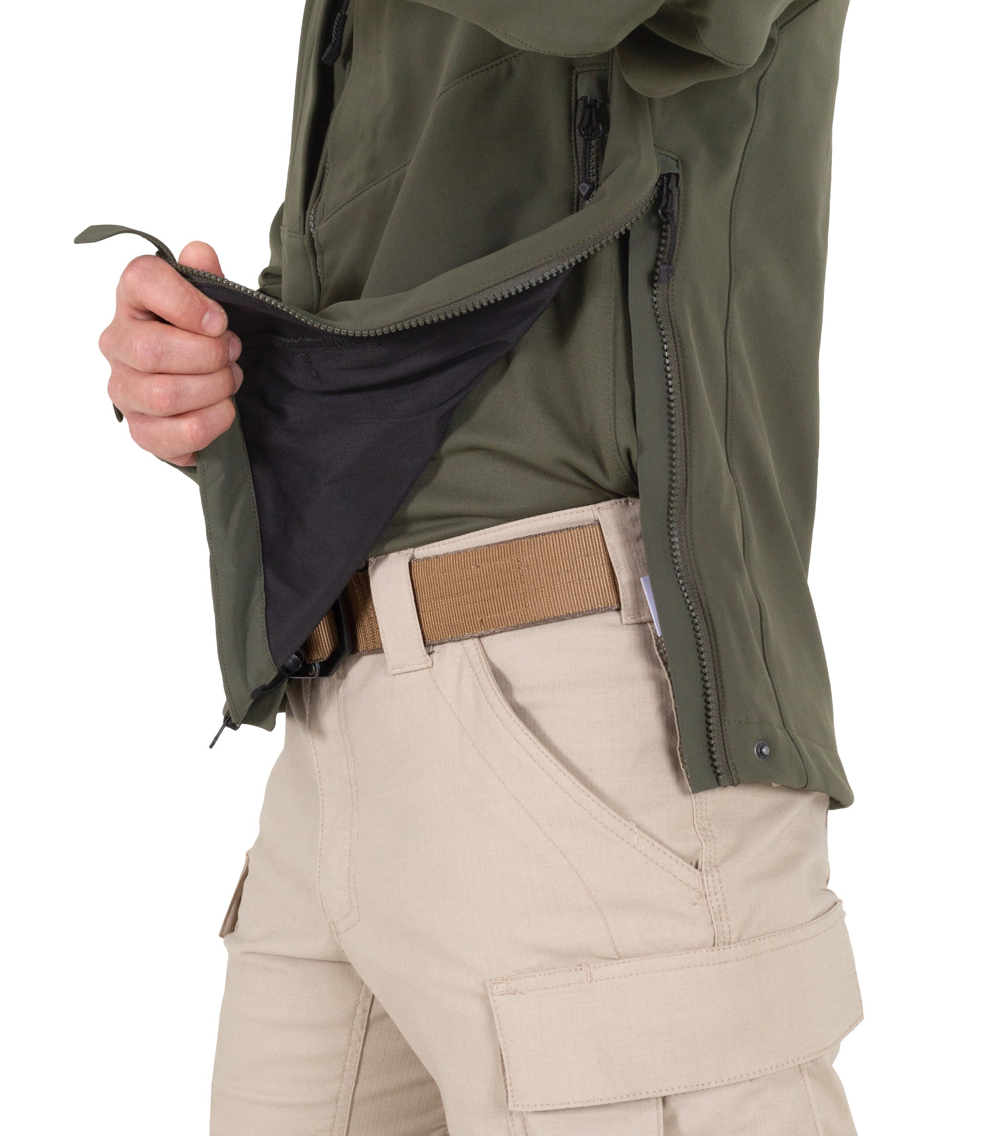 Side Zip of Men's Tactix Softshell Jacket in OD Green |color_od green