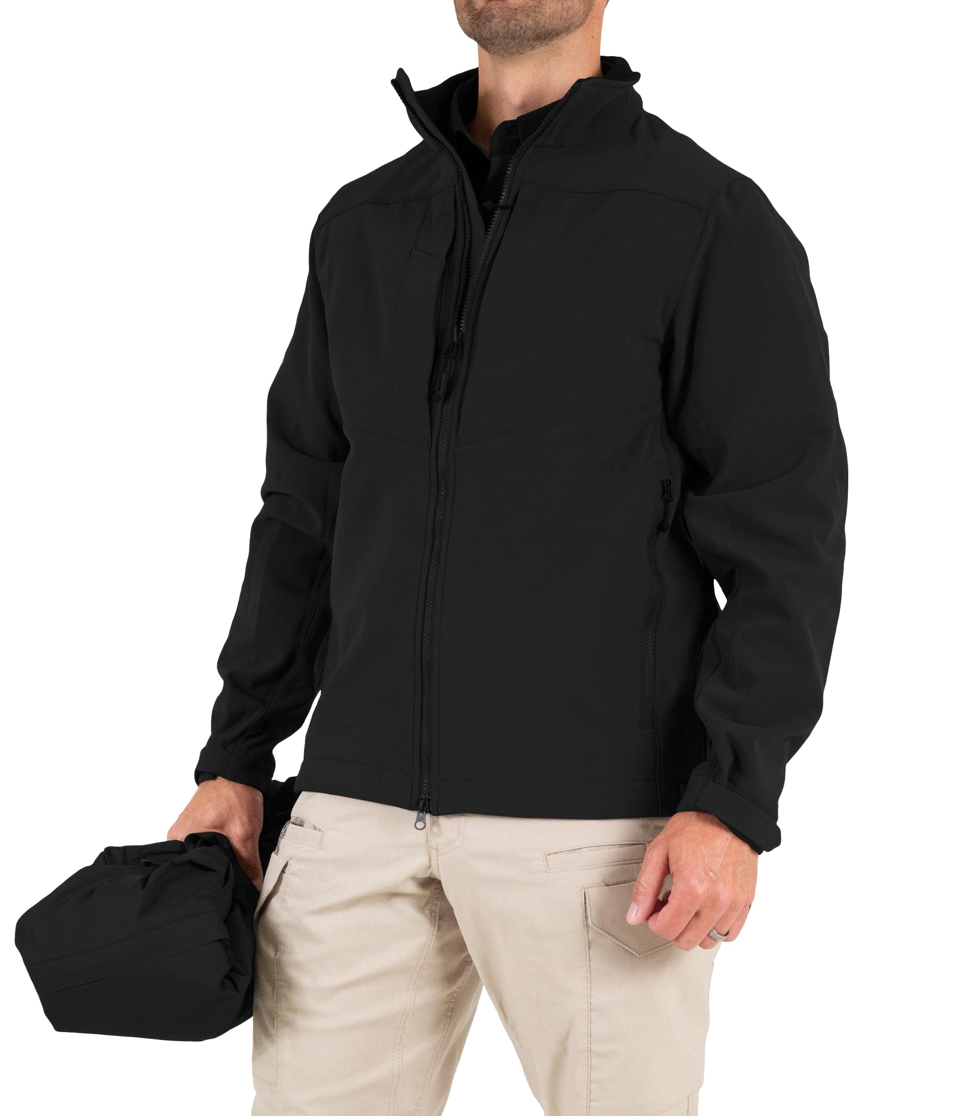 Side Front View Softshell Jacket for Men’s Tactix System Parka in Black |color_black
