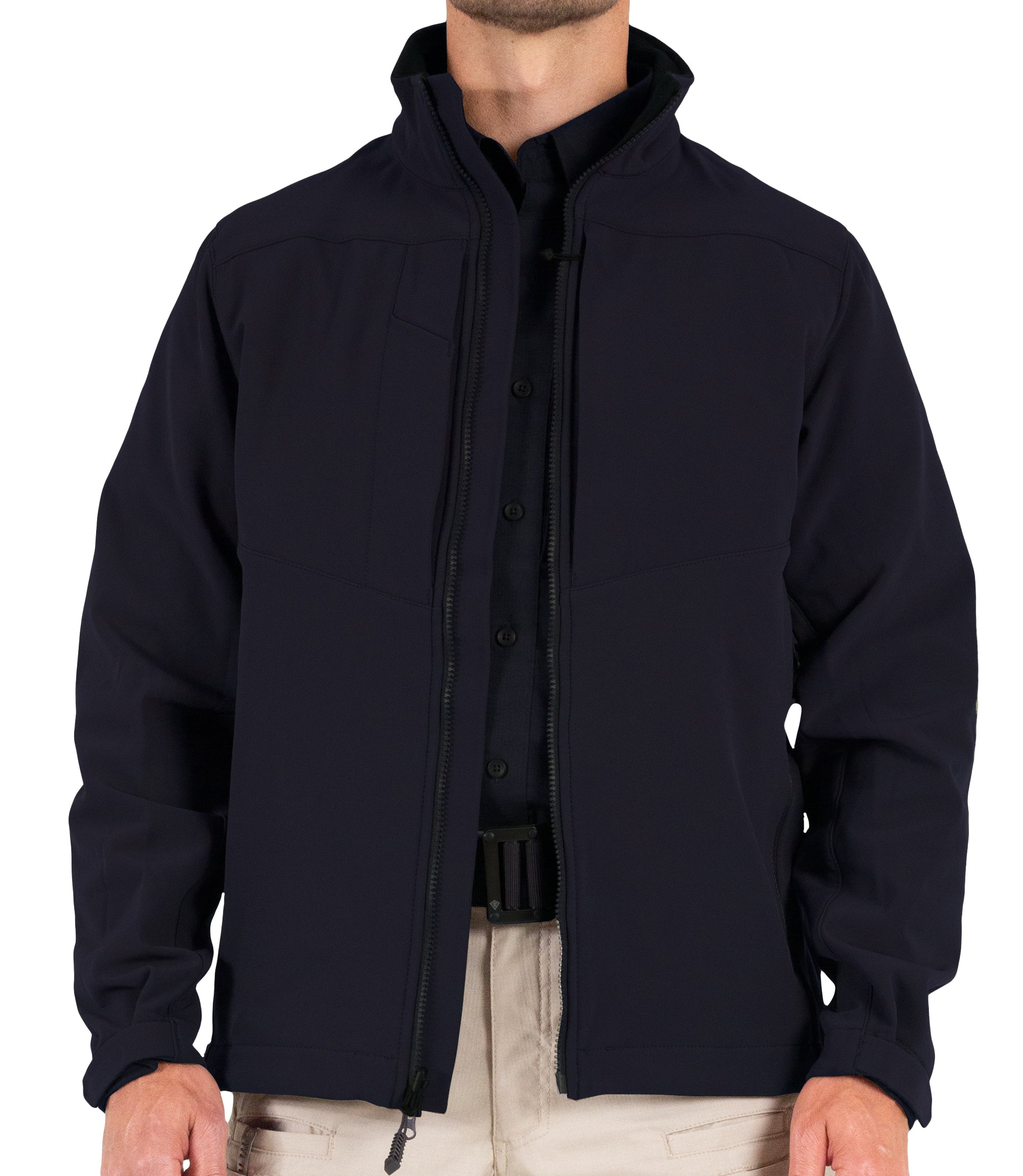 Front of Men’s Tactix Softshell Jacket (Parka Length) in Midnight Navy Unzipped |color_midnight navy