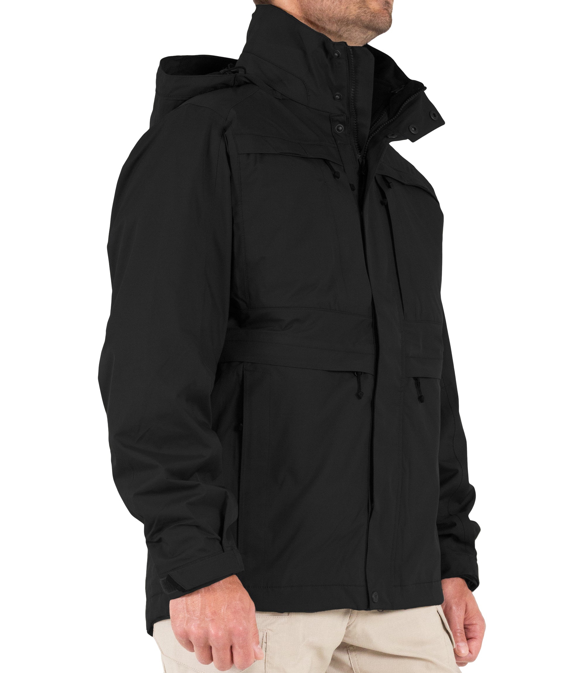 Side Front View of Men’s Tactix System Parka in Black |color_black