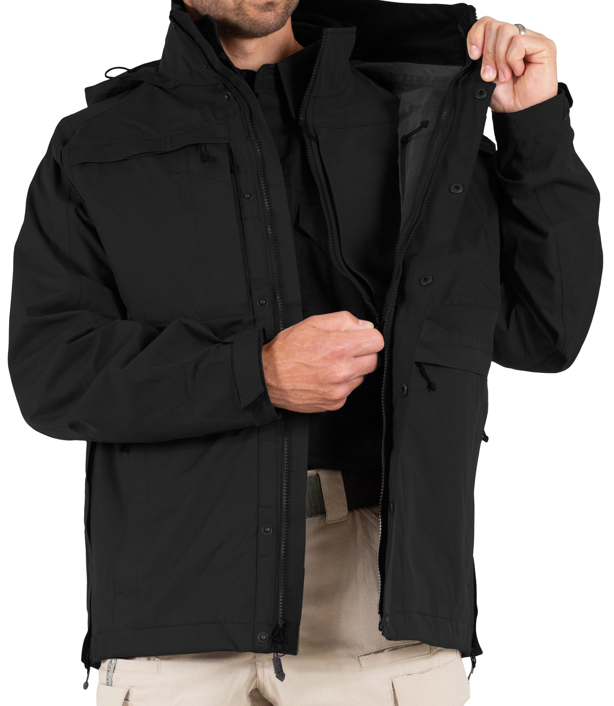 Front View of Softshell Jacket Zipper for Men’s Tactix System Parka in Black |color_black