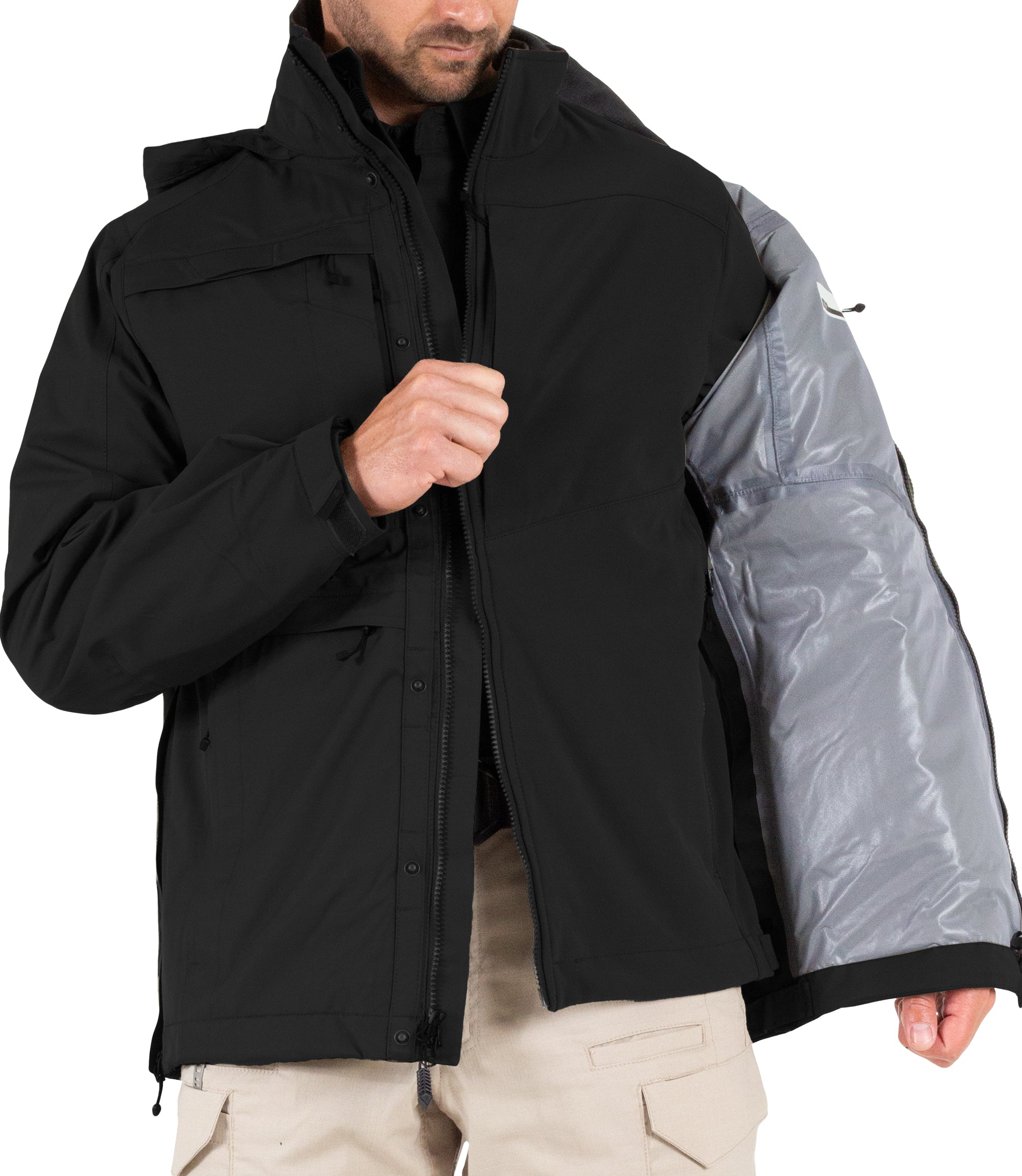 Front View of Softshell Jacket Zipper for Men’s Tactix System Parka in Black |color_black