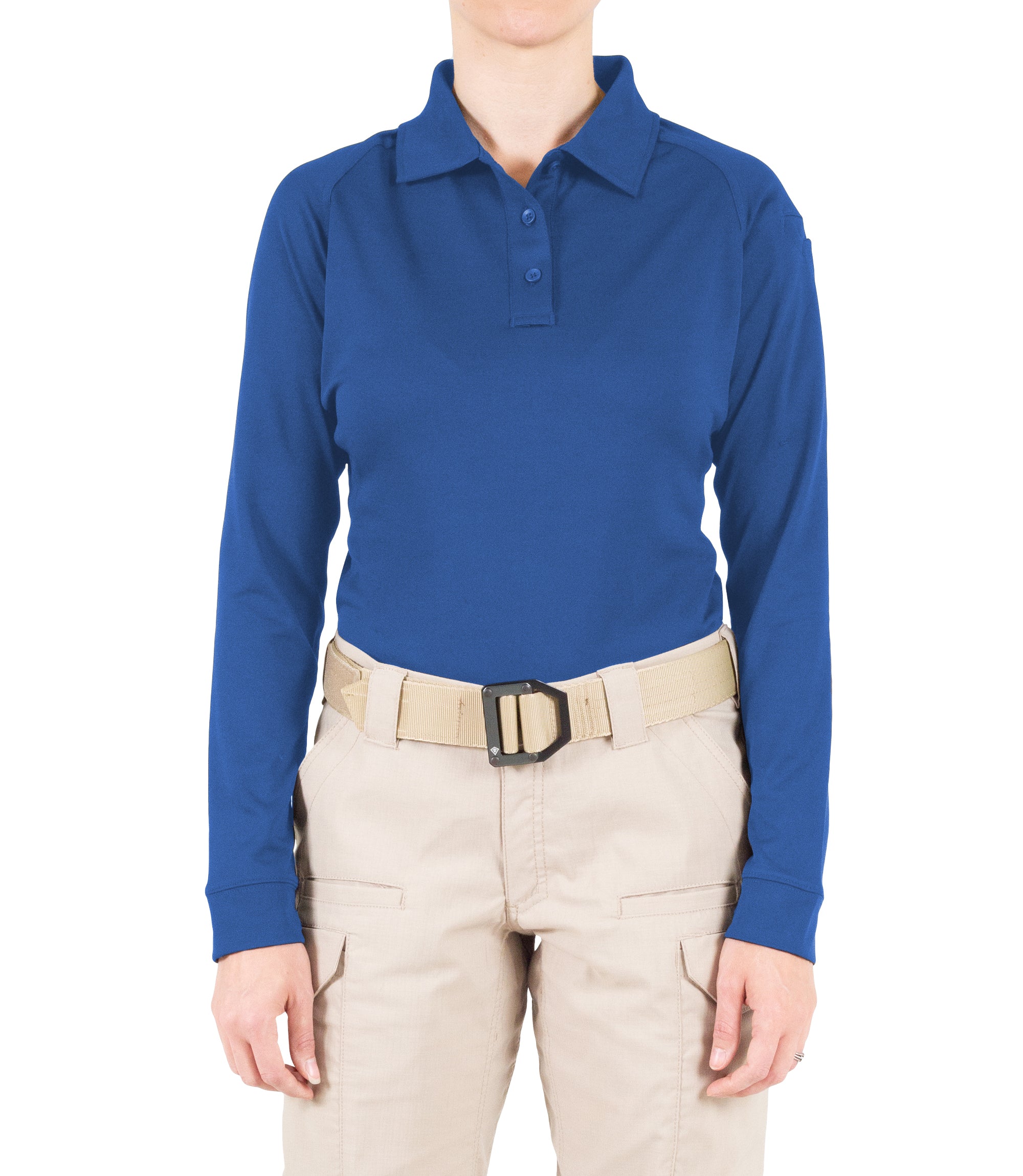 Front of Women's Performance Long Sleeve Polo in Academy Blue |color_academy blue