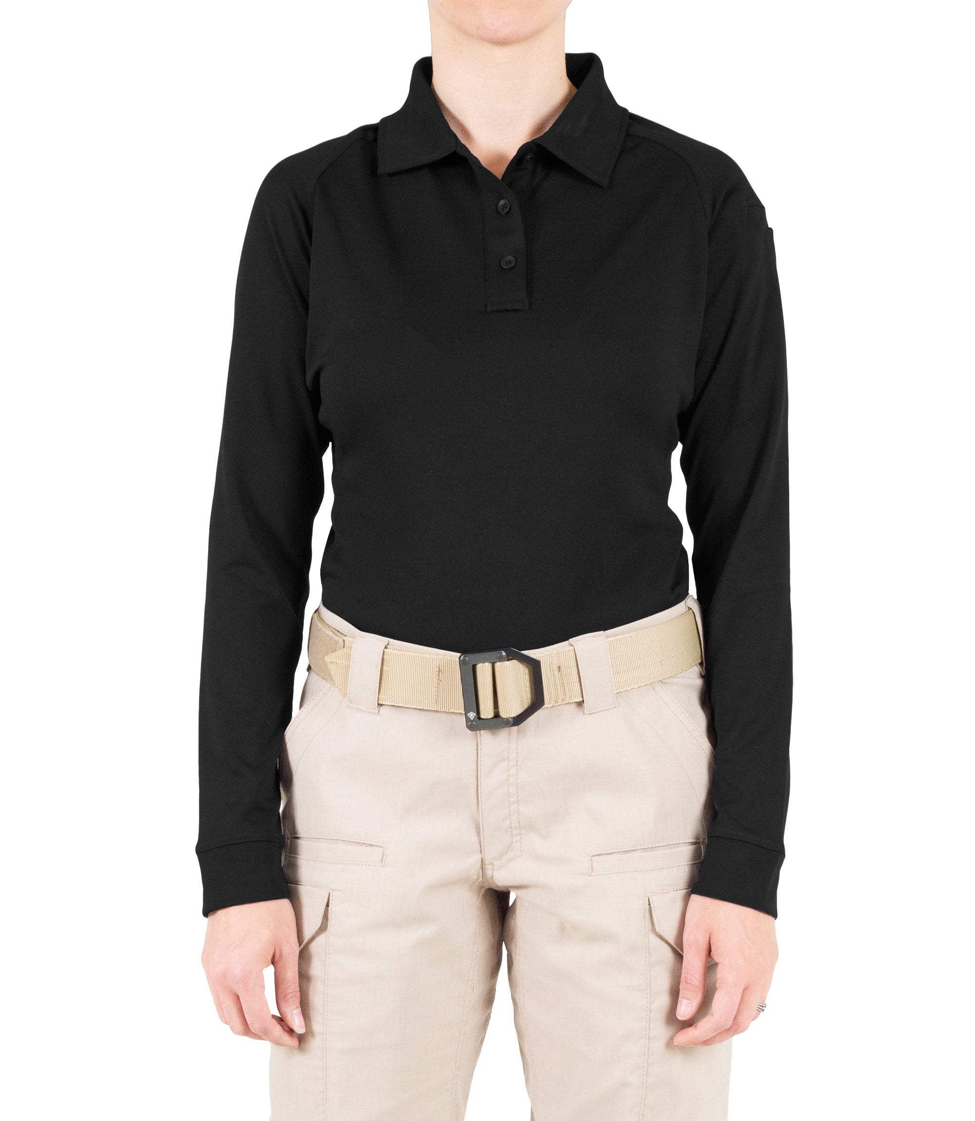 Front of Women's Performance Long Sleeve Polo in Black |color_black