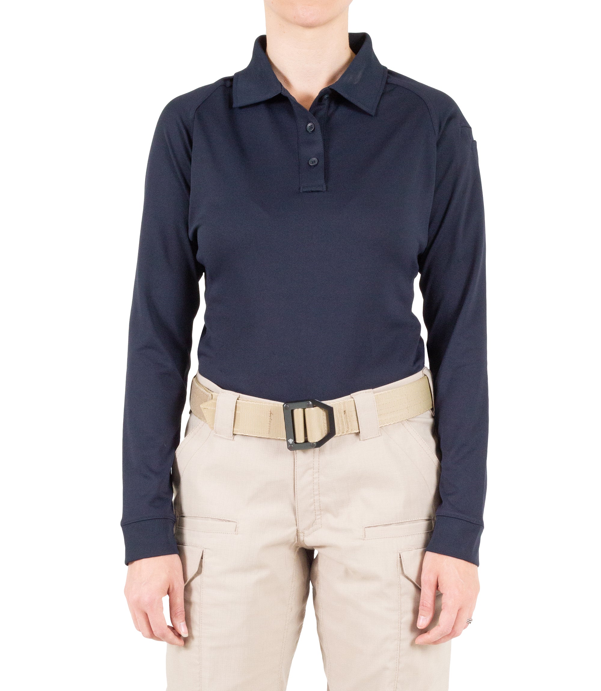 Front of Women's Performance Long Sleeve Polo in Midnight Navy |color_midnight navy