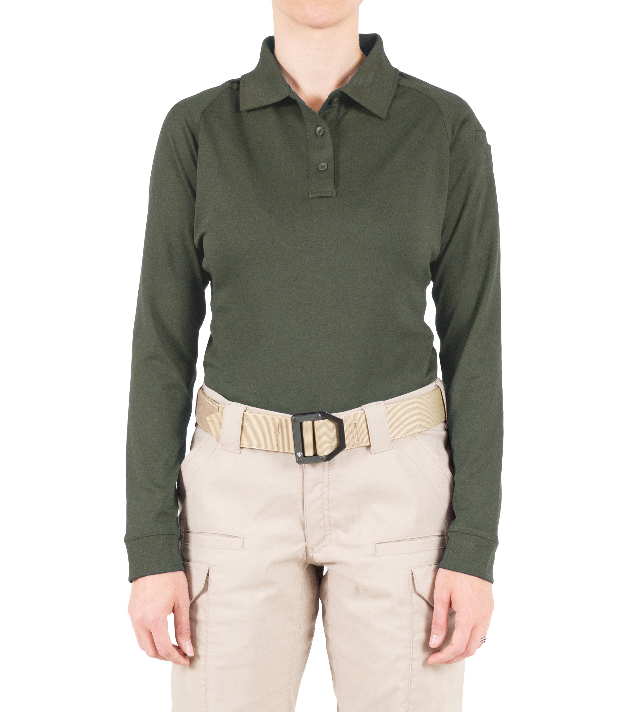 Front of Women's Performance Long Sleeve Polo in OD Green |color_od green