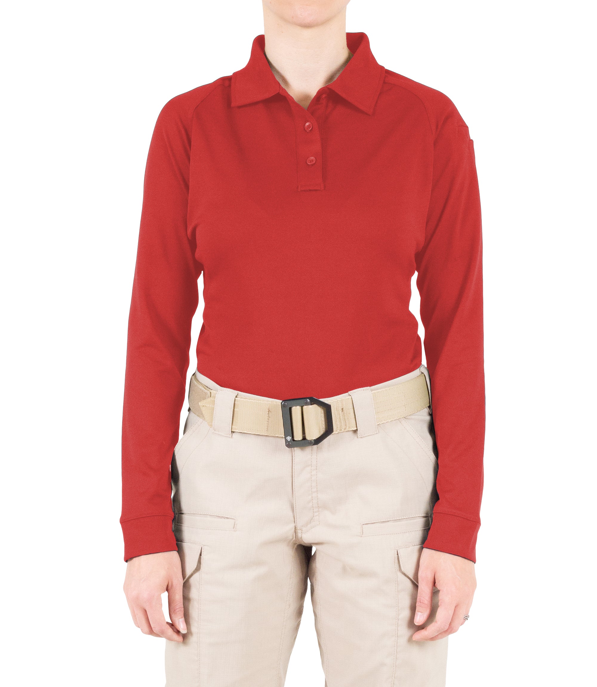 Front of Women's Performance Long Sleeve Polo in Red |color_red
