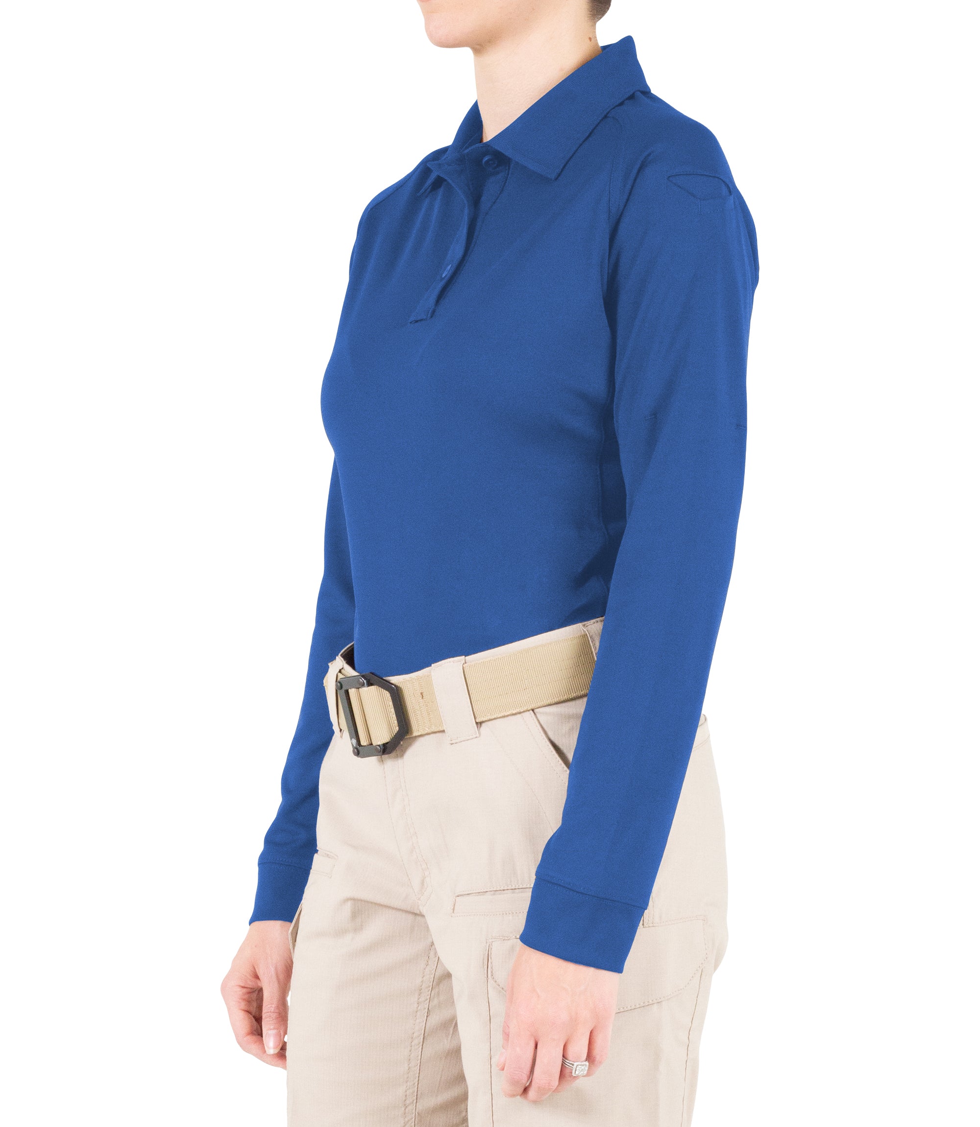 Side of Women's Performance Long Sleeve Polo in Academy Blue |color_academy blue