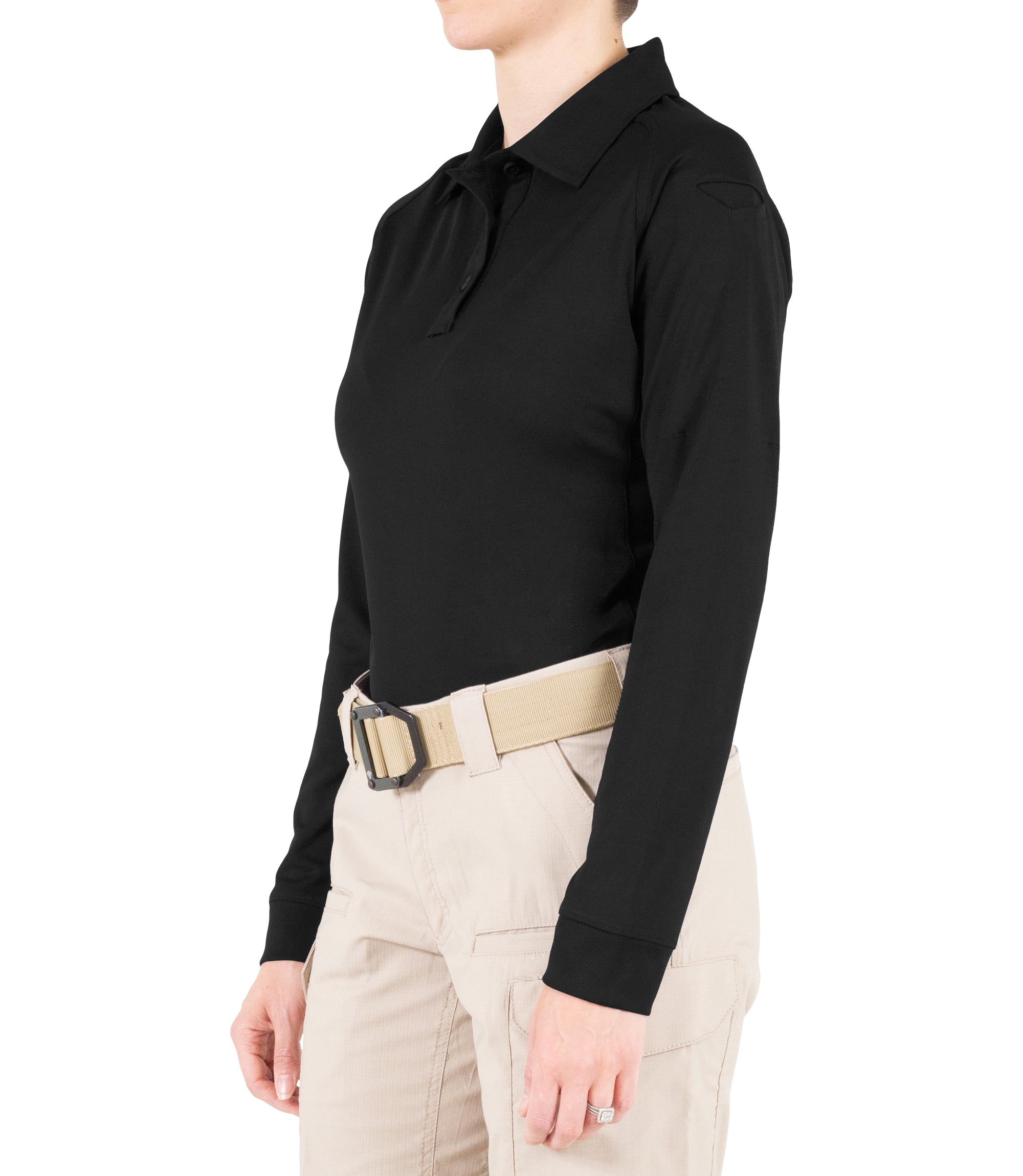 Side of Women's Performance Long Sleeve Polo in Black |color_black