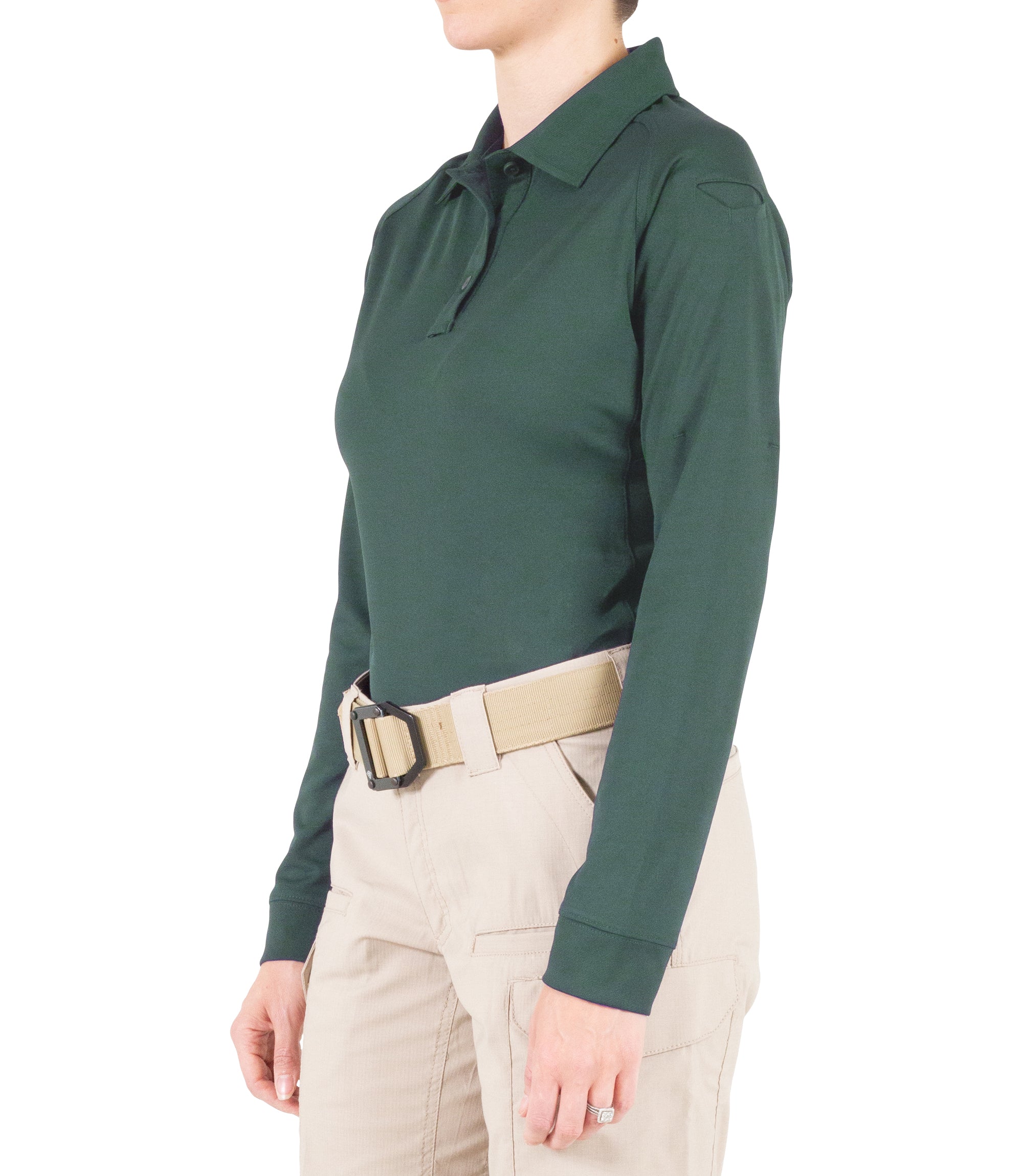 Side of Women's Performance Long Sleeve Polo in Spruce Green |color_spruce green