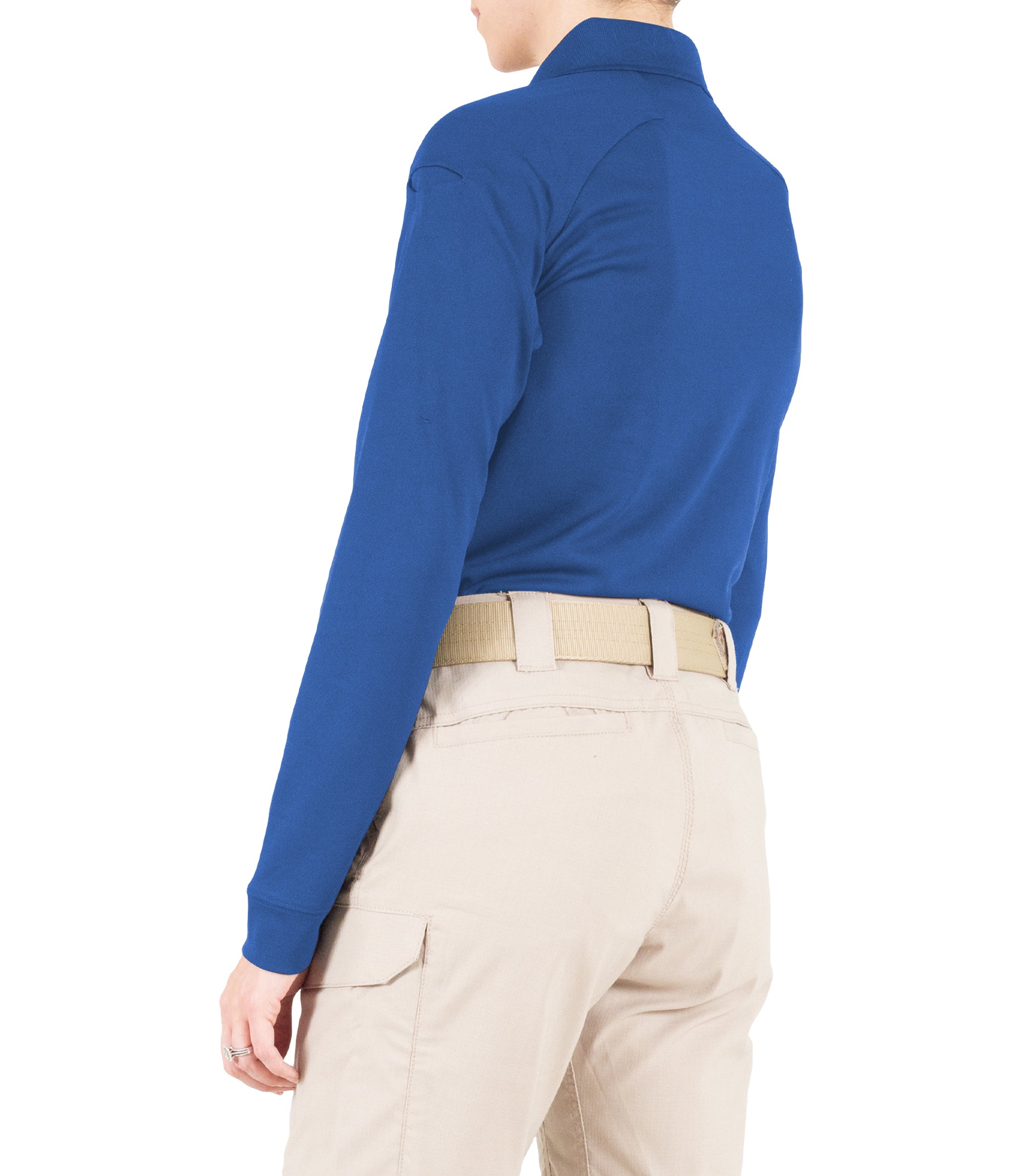 Side of Women's Performance Long Sleeve Polo in Academy Blue |color_academy blue