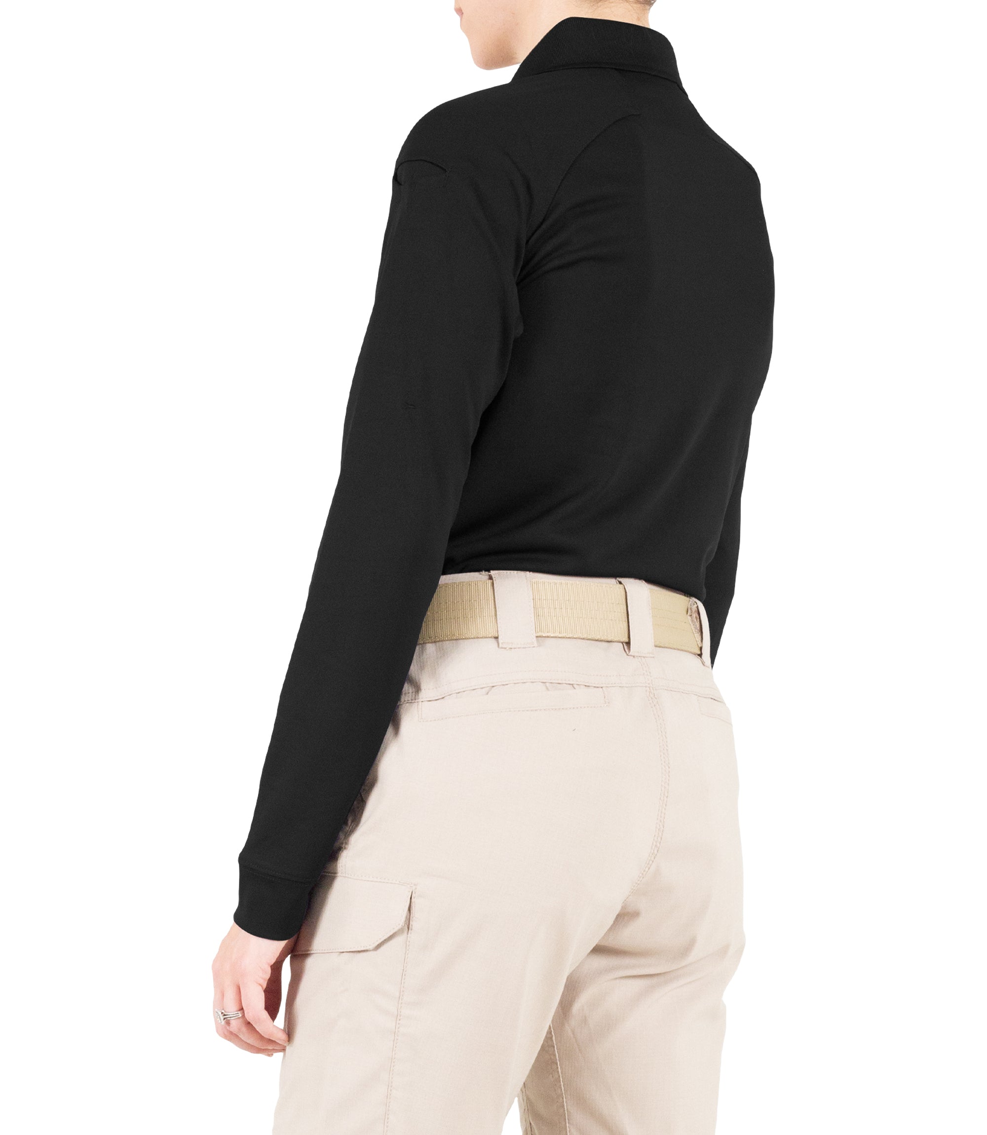 Side of Women's Performance Long Sleeve Polo in Black |color_black