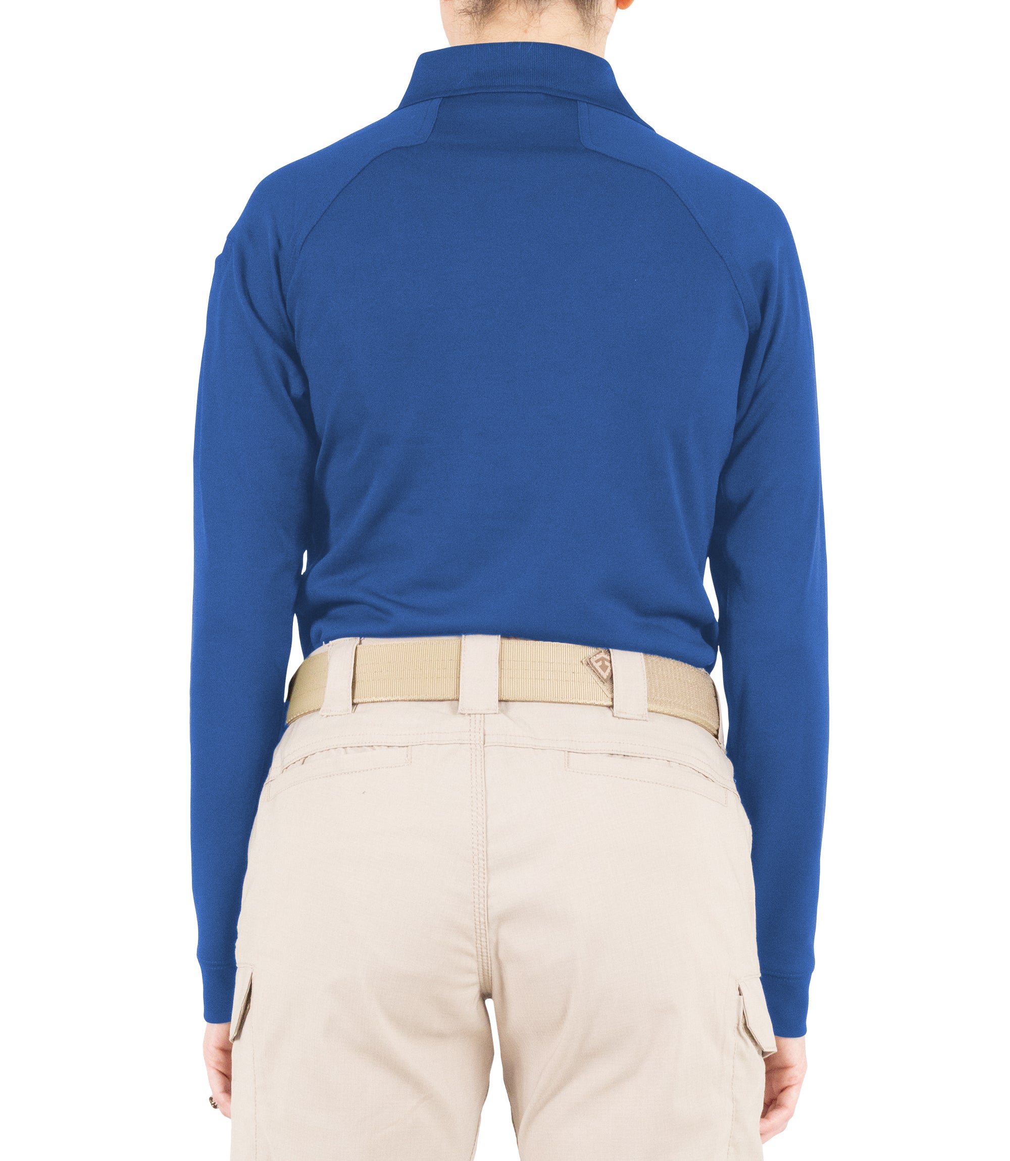 Back of Women's Performance Long Sleeve Polo in Academy Blue |color_academy blue
