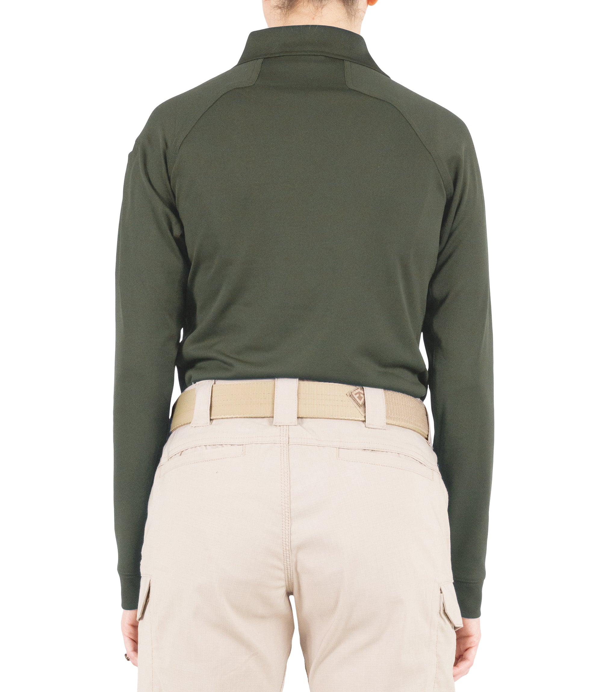 Back of Women's Performance Long Sleeve Polo in OD Green |color_od green
