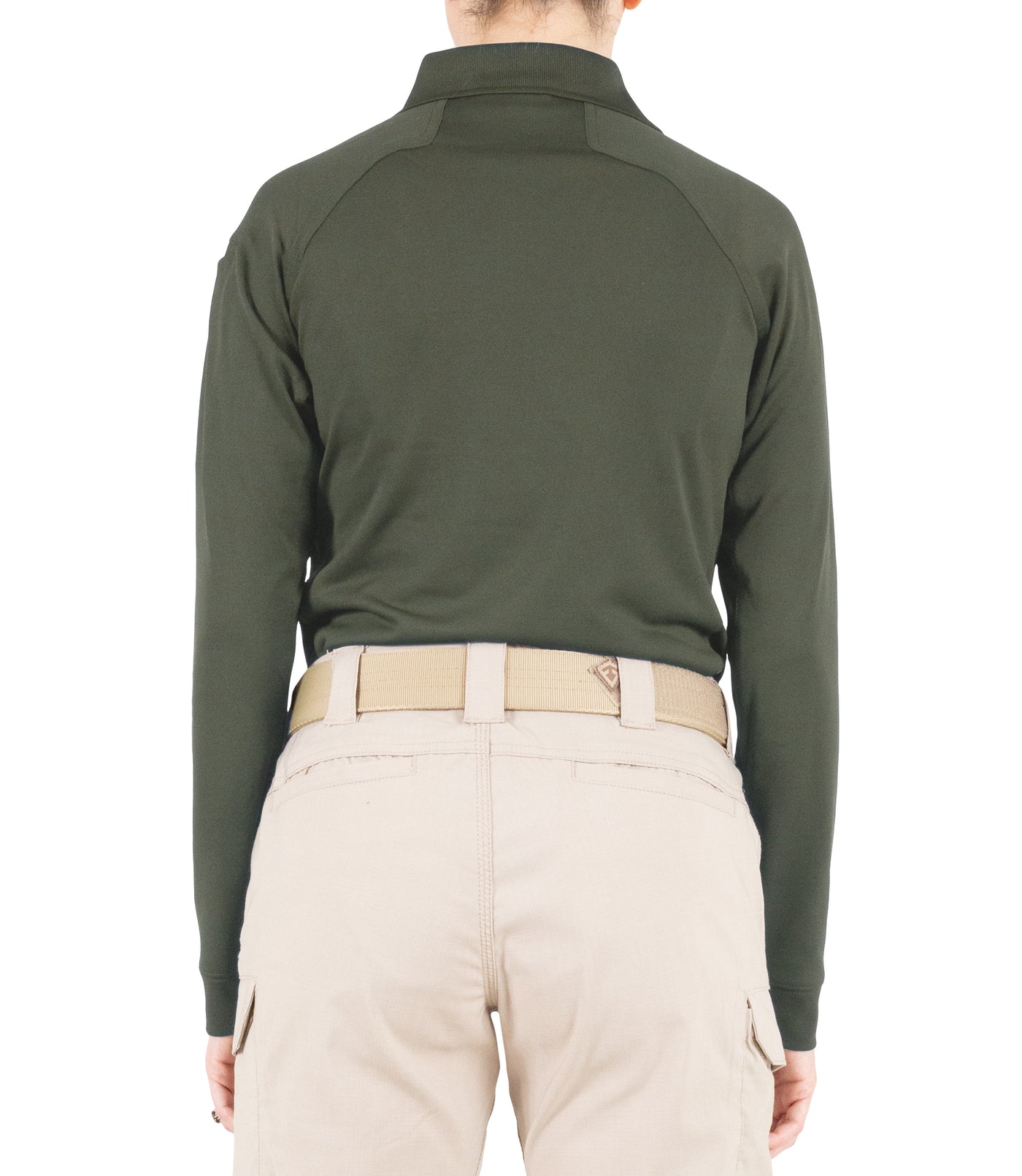 Back of Women's Performance Long Sleeve Polo in OD Green
