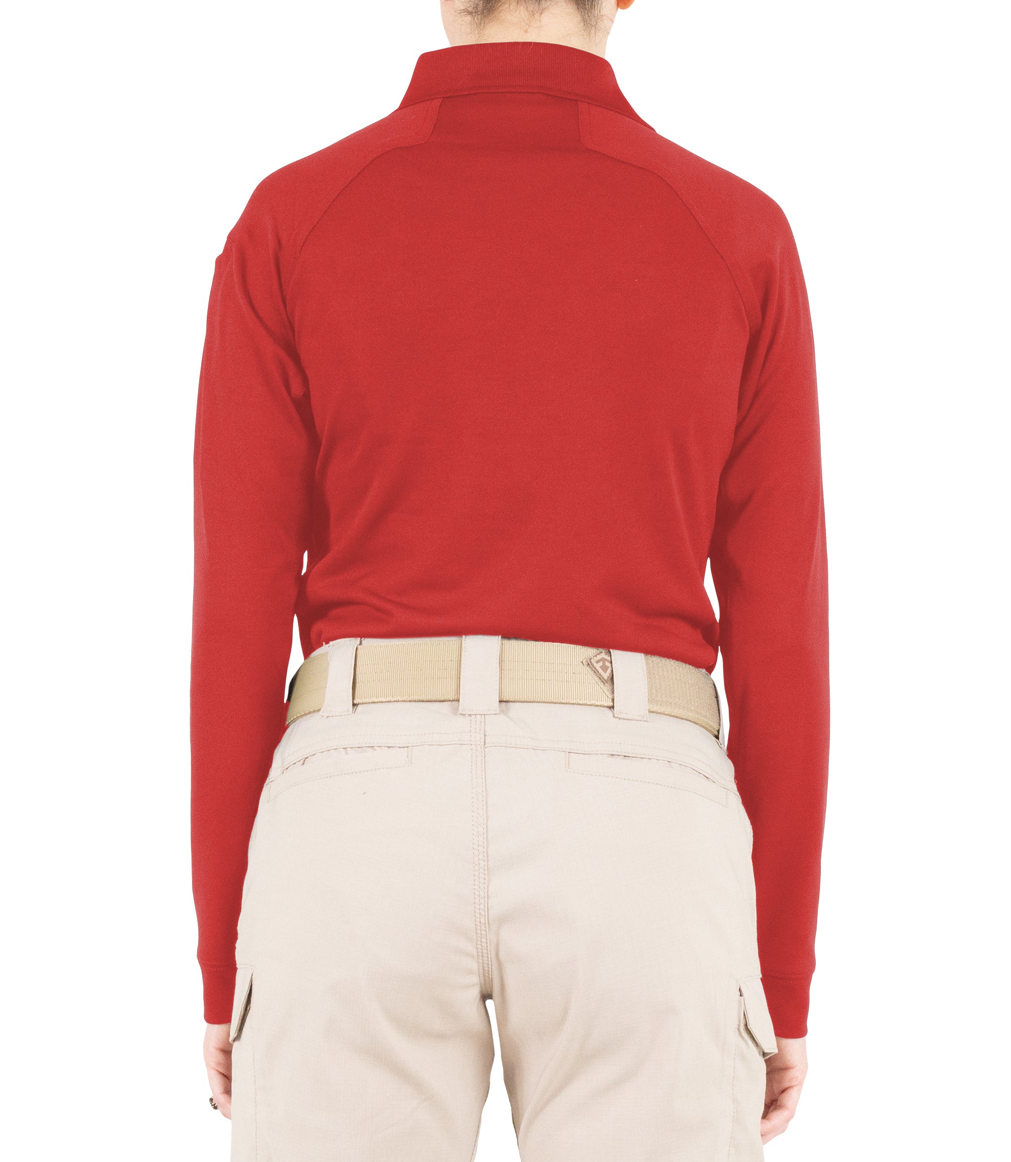 Back of Women's Performance Long Sleeve Polo in Red |color_red