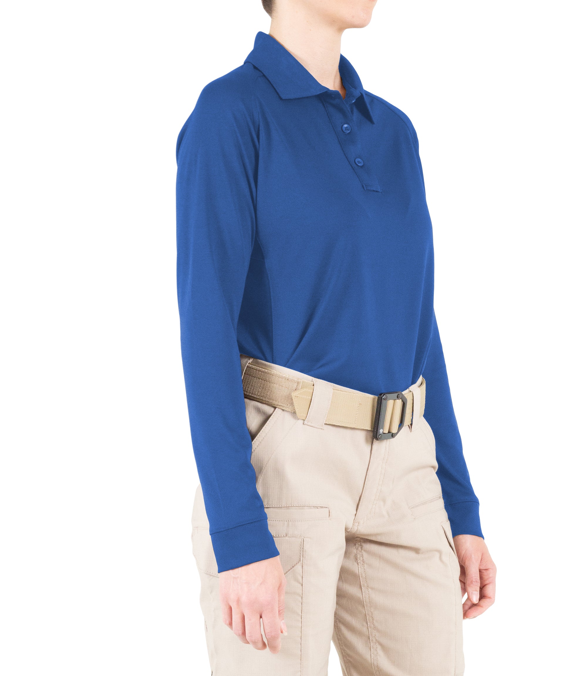 Side of Women's Performance Long Sleeve Polo in Academy Blue |color_academy blue