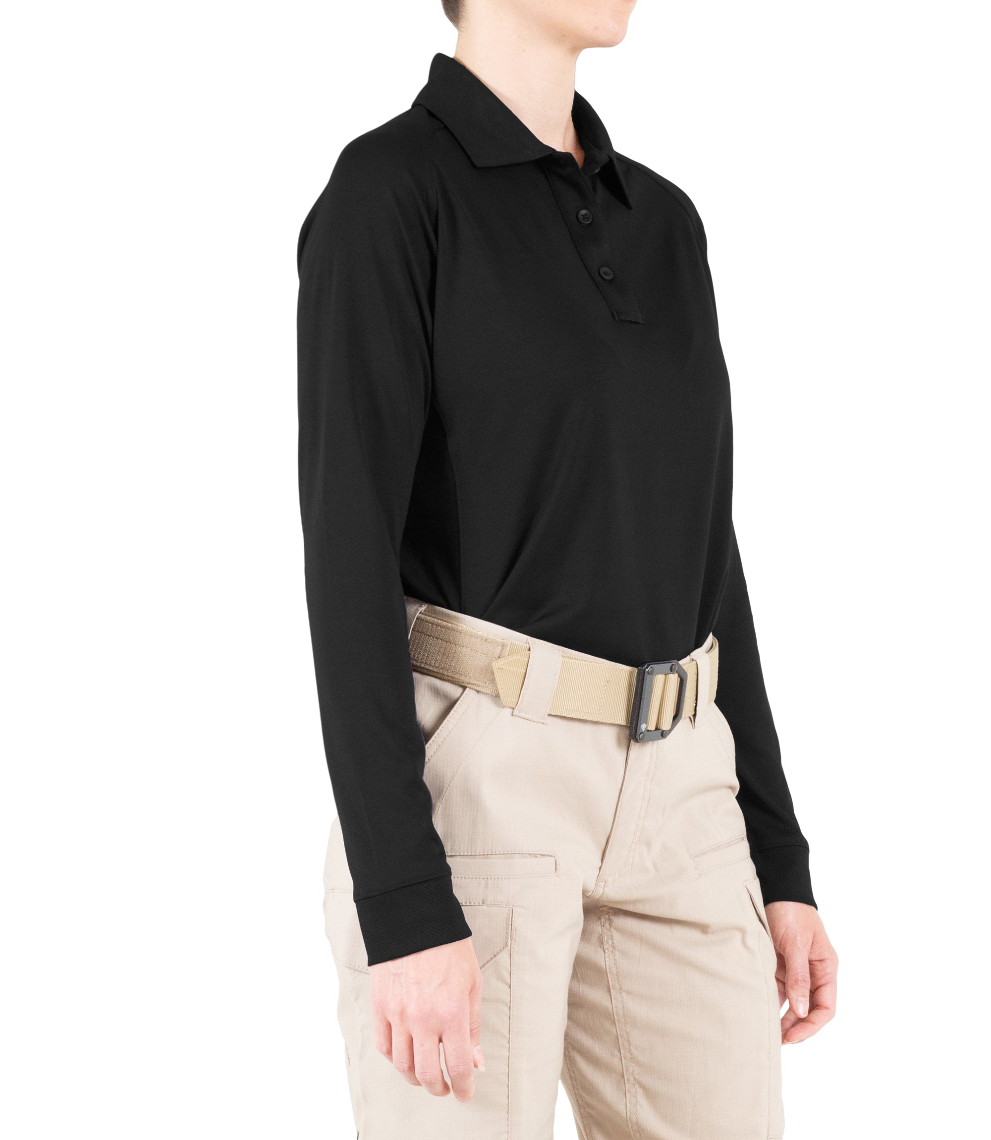 Side of Women's Performance Long Sleeve Polo in Black |color_black