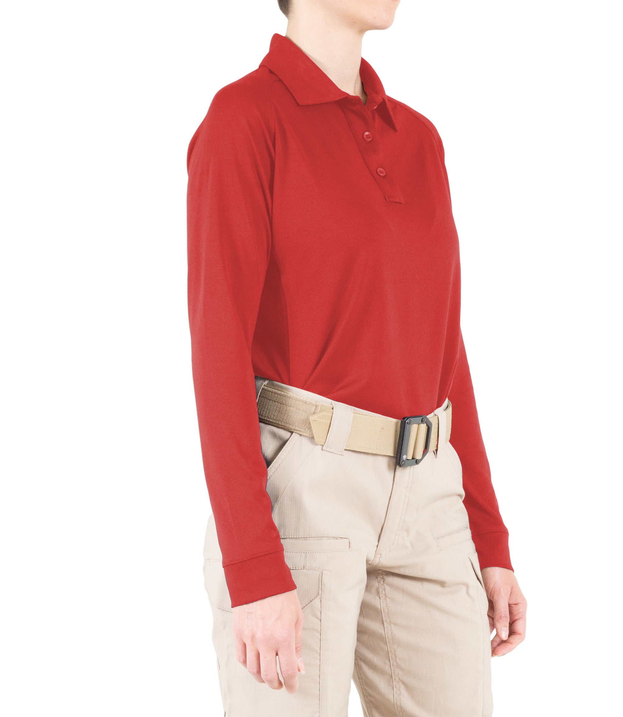 Side of Women's Performance Long Sleeve Polo in Red |color_red