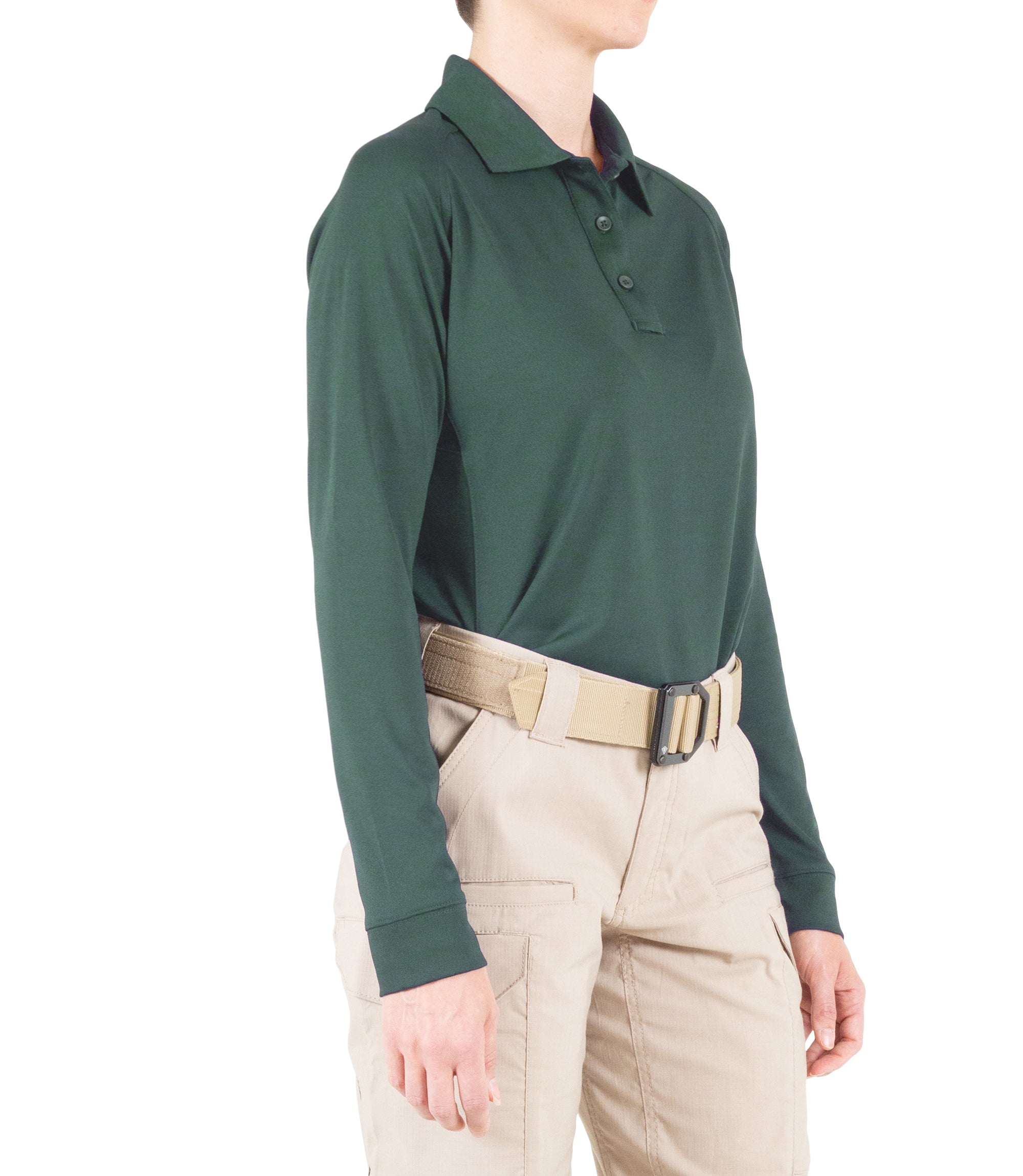Side of Women's Performance Long Sleeve Polo in Spruce Green |color_spruce green