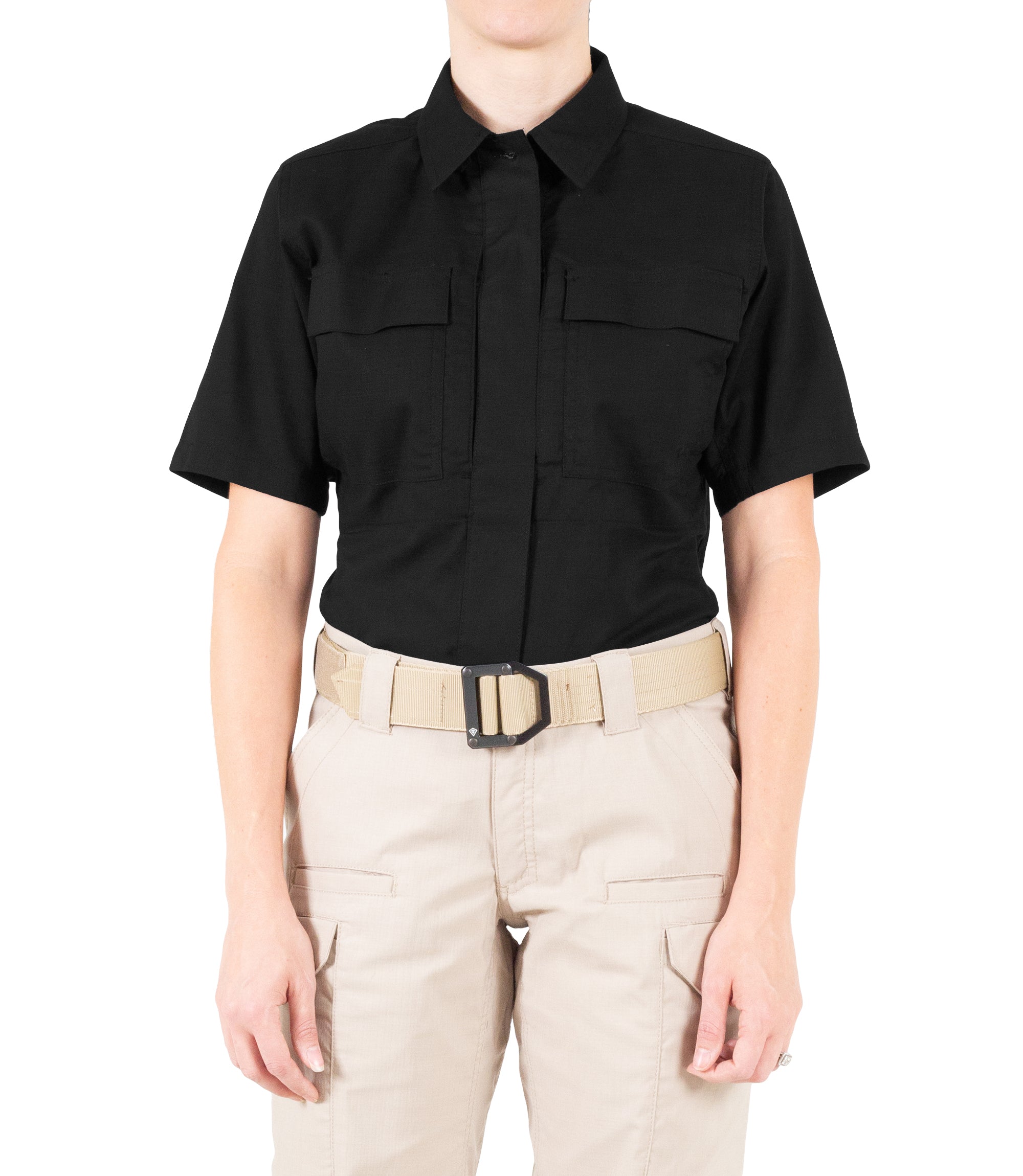 Front of Women's V2 BDU Short Sleeve Shirt in Black |color_black