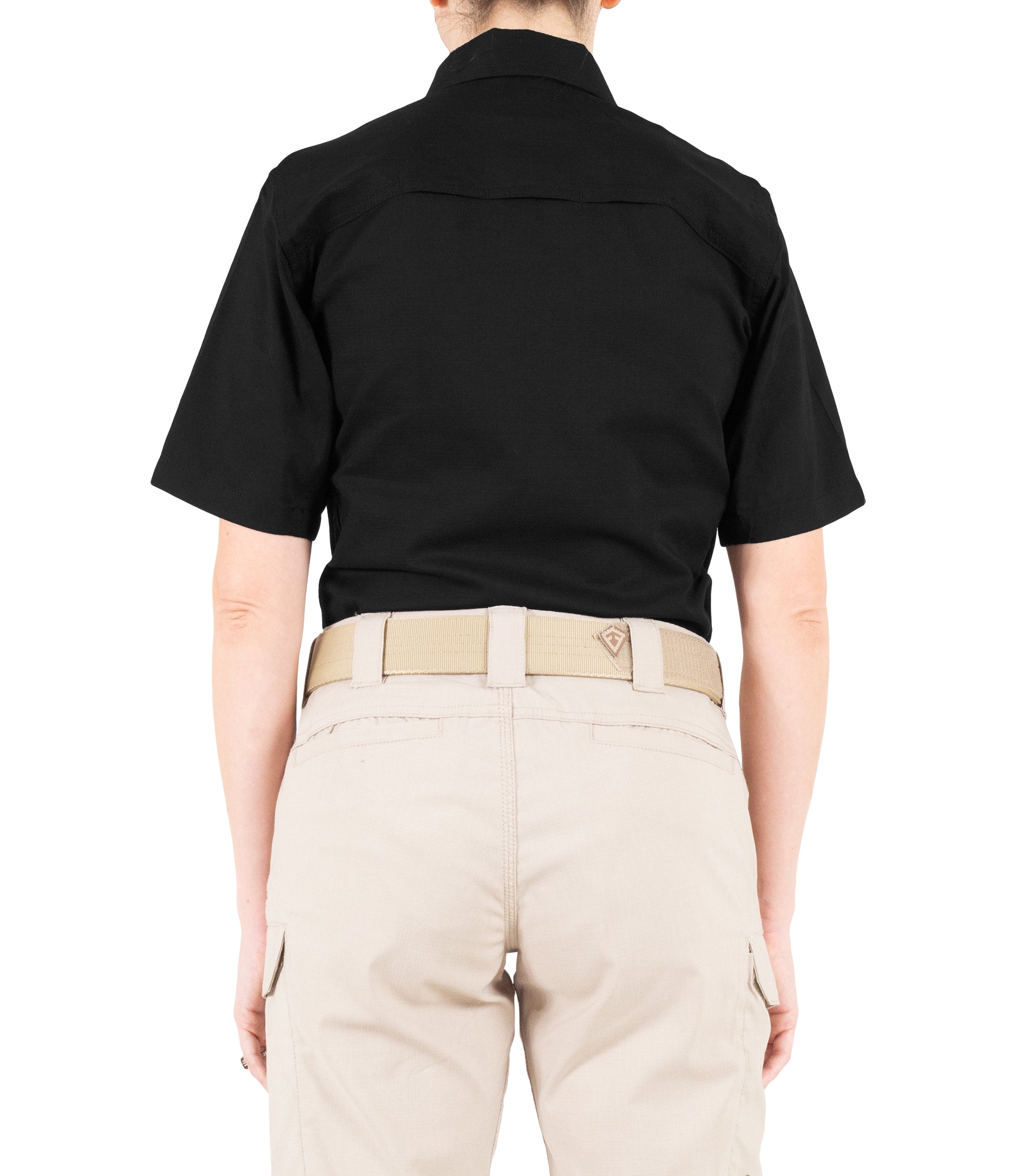 Back of Women's V2 BDU Short Sleeve Shirt in Black |color_black