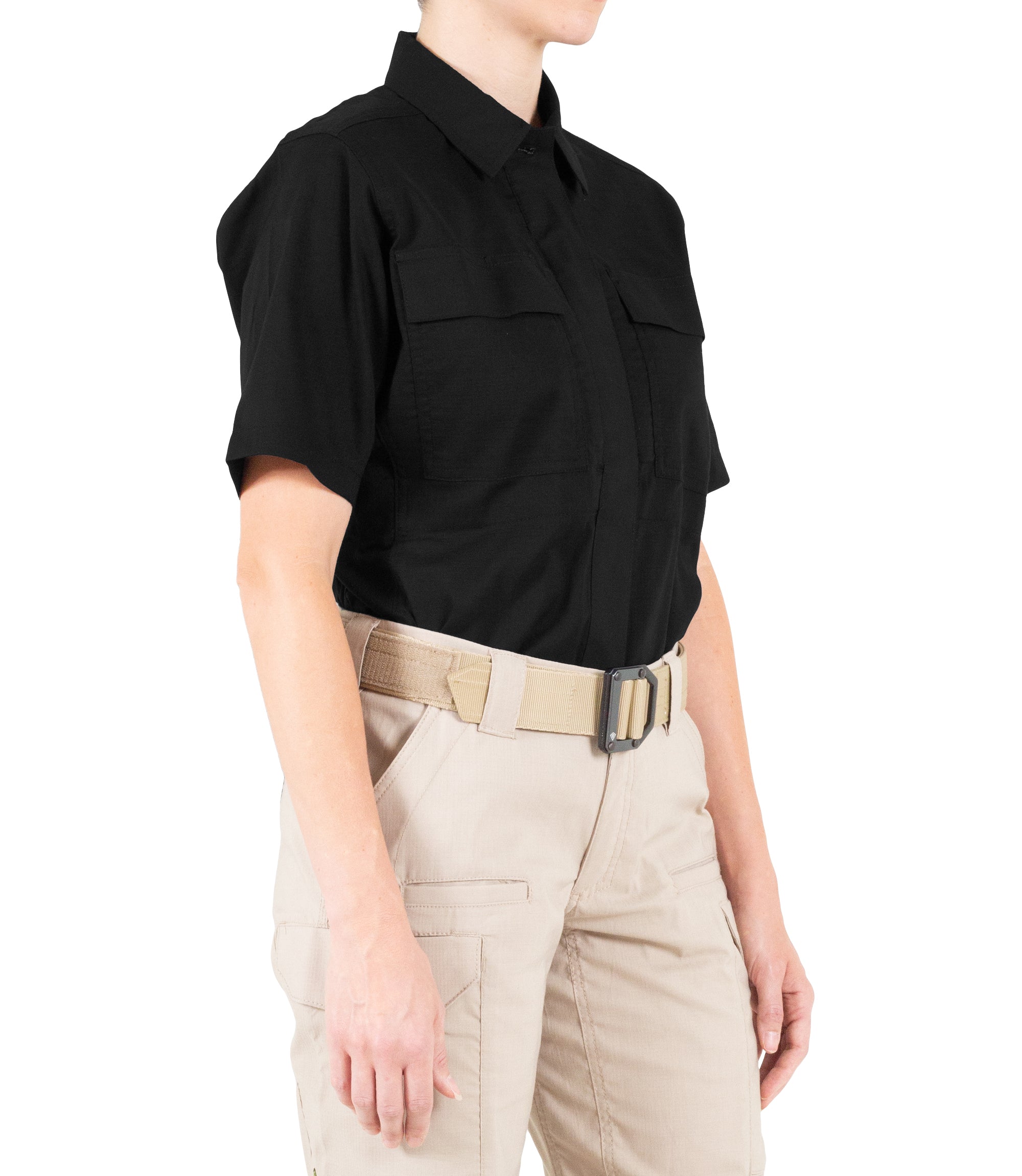 Side of Women's V2 BDU Short Sleeve Shirt in Black |color_black