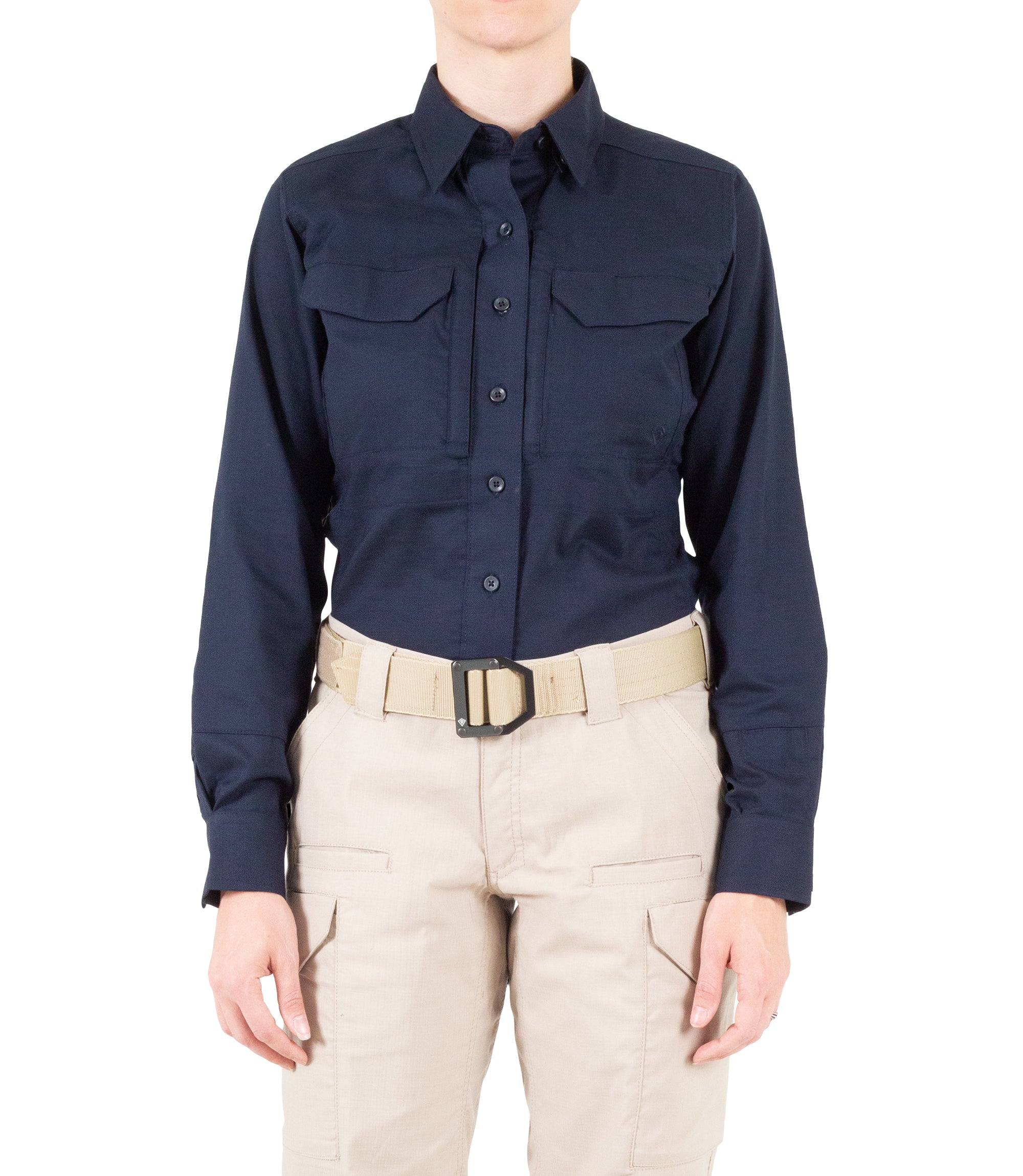 Front of Women's V2 Tactical Long Sleeve Shirt in Midnight Navy |color_midnight navy