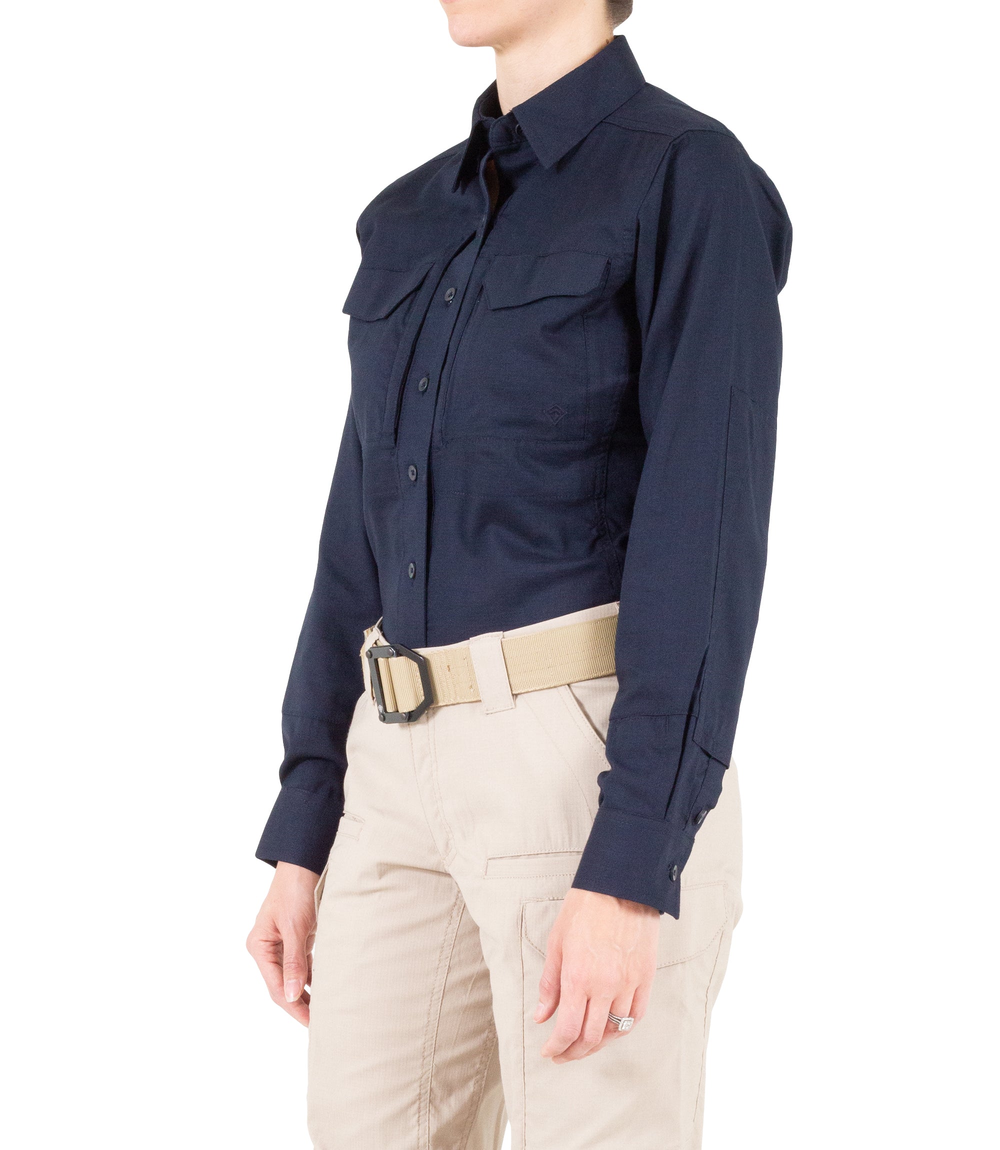 Side of Women's V2 Tactical Long Sleeve Shirt in Midnight Navy |color_midnight navy