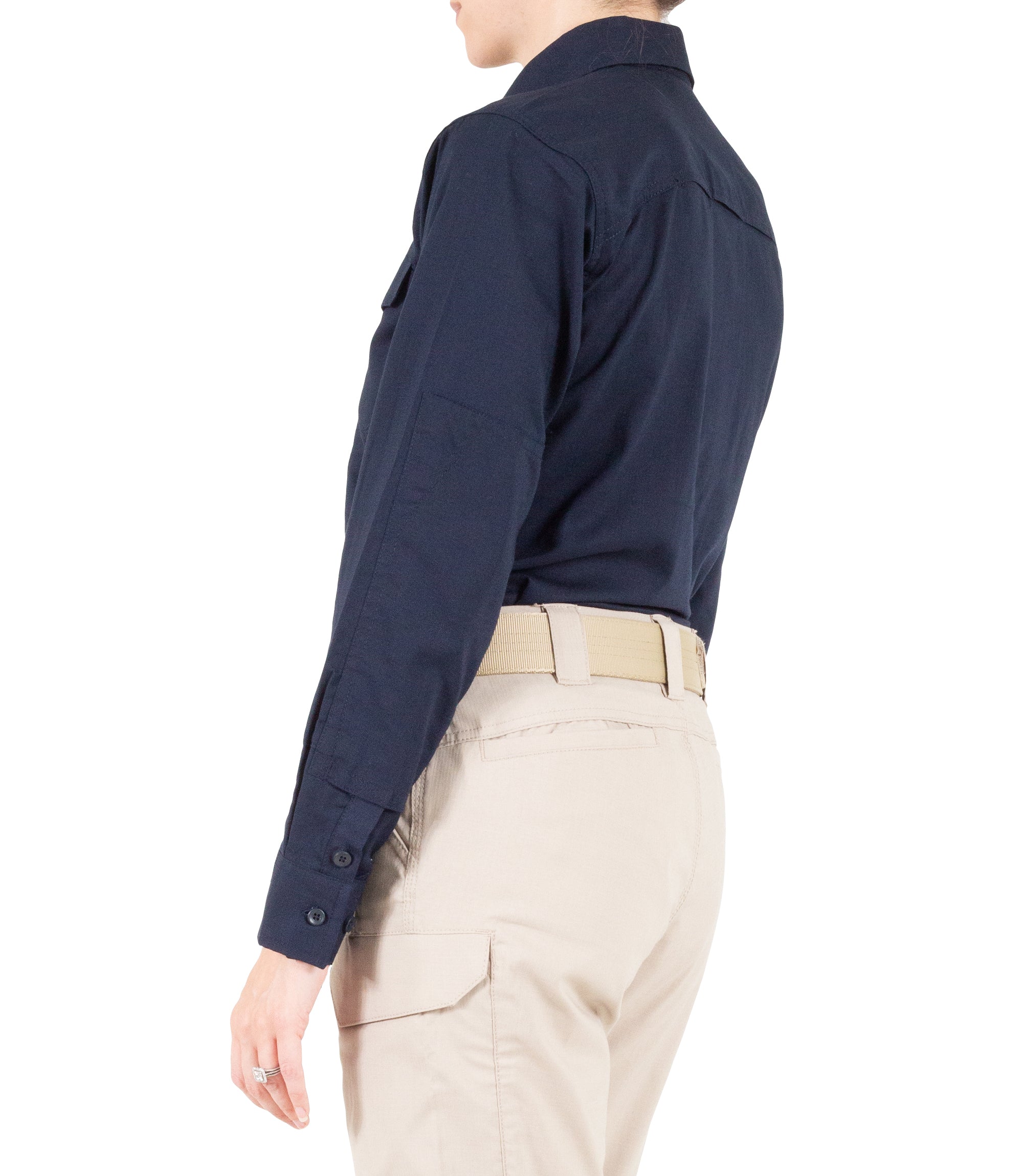 Side of Women's V2 Tactical Long Sleeve Shirt in Midnight Navy |color_midnight navy