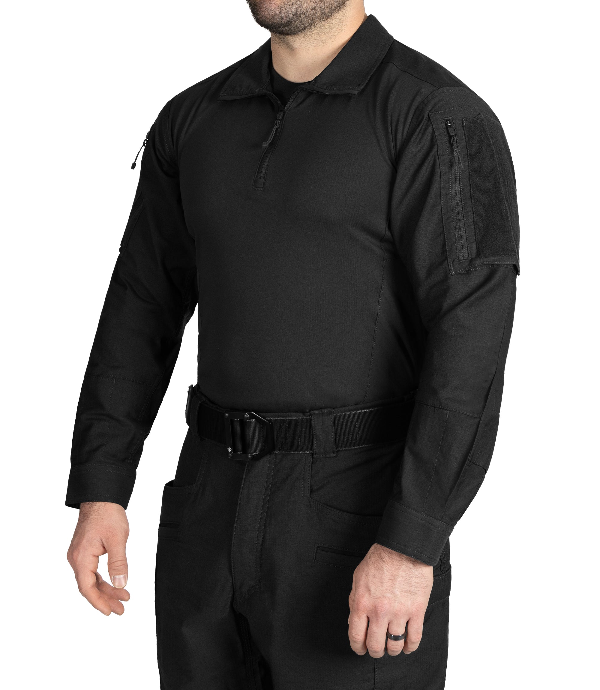 Front Side of Men's Defender Shirt in Black |color_black