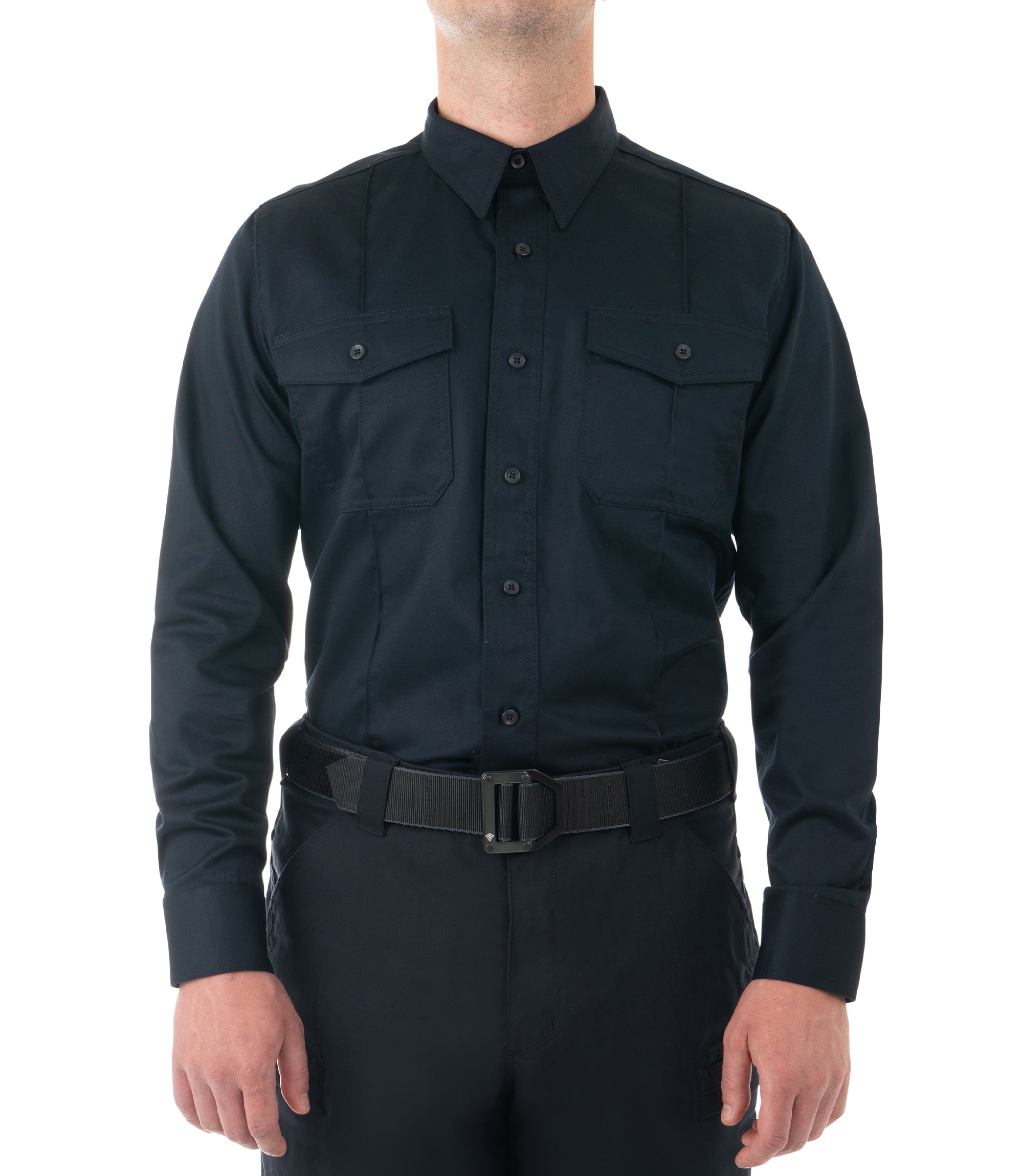 Front of Men's Cotton Station Long Sleeve Shirt in Midnight Navy |color_midnight navy