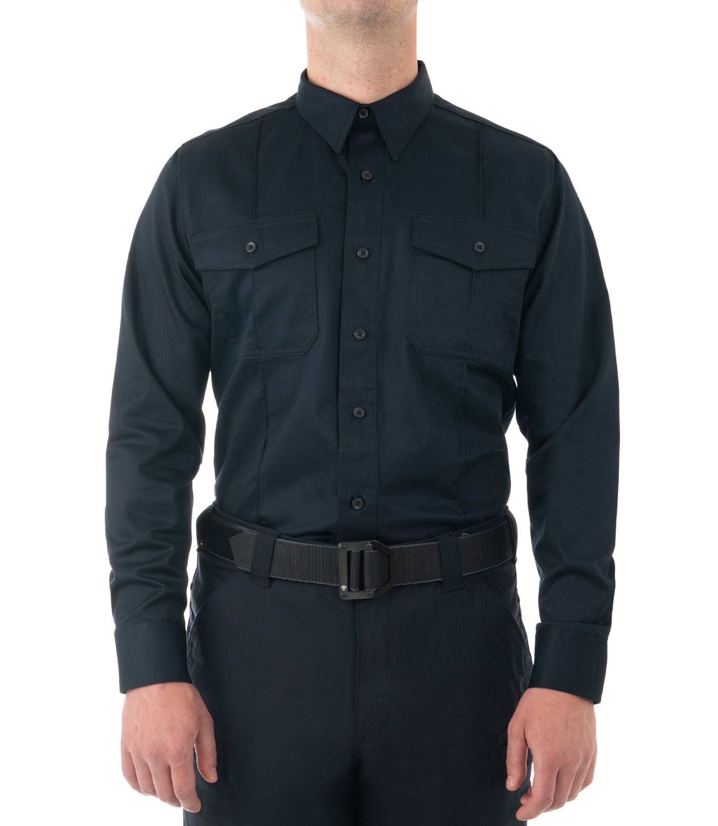 Front of Men's Cotton Station Long Sleeve Shirt in Midnight Navy