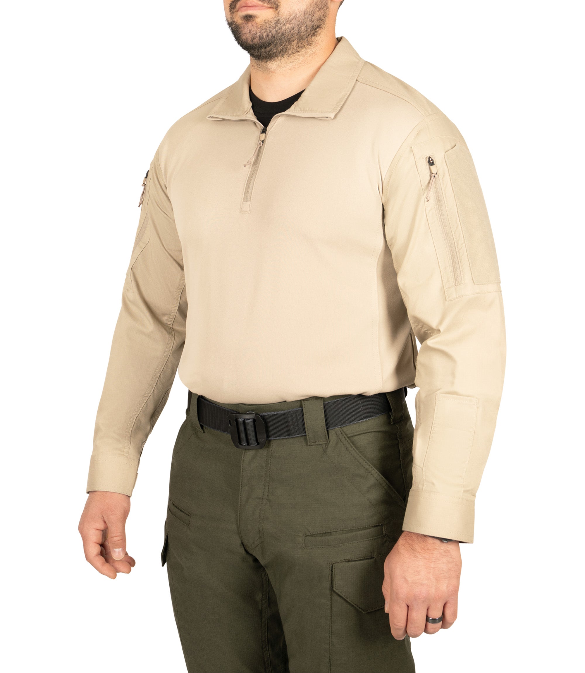 Right side front 1/4 view of the Men's V2 Responder Shirt in color Silver Tan|color_silver tan